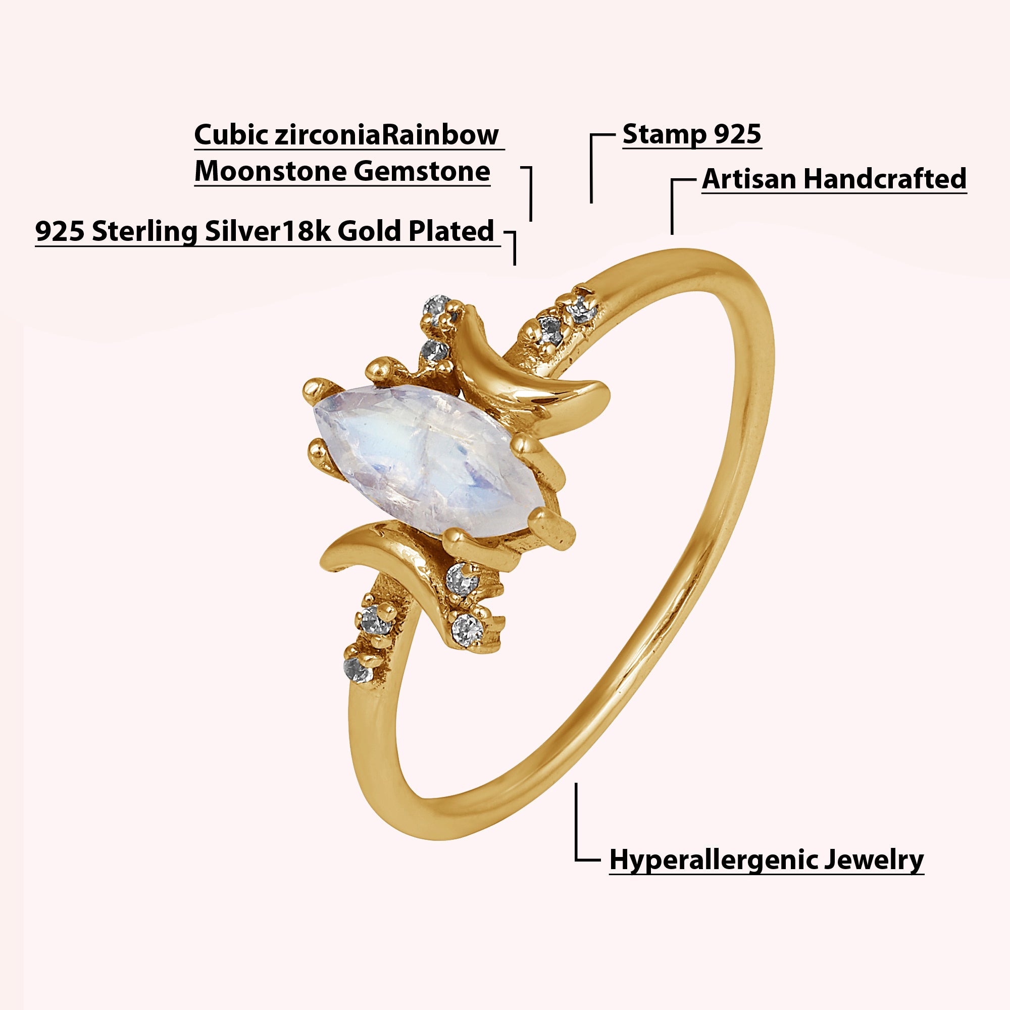 925 Sterling Silver Moonstone Half Moon Ring Jewelry for Women