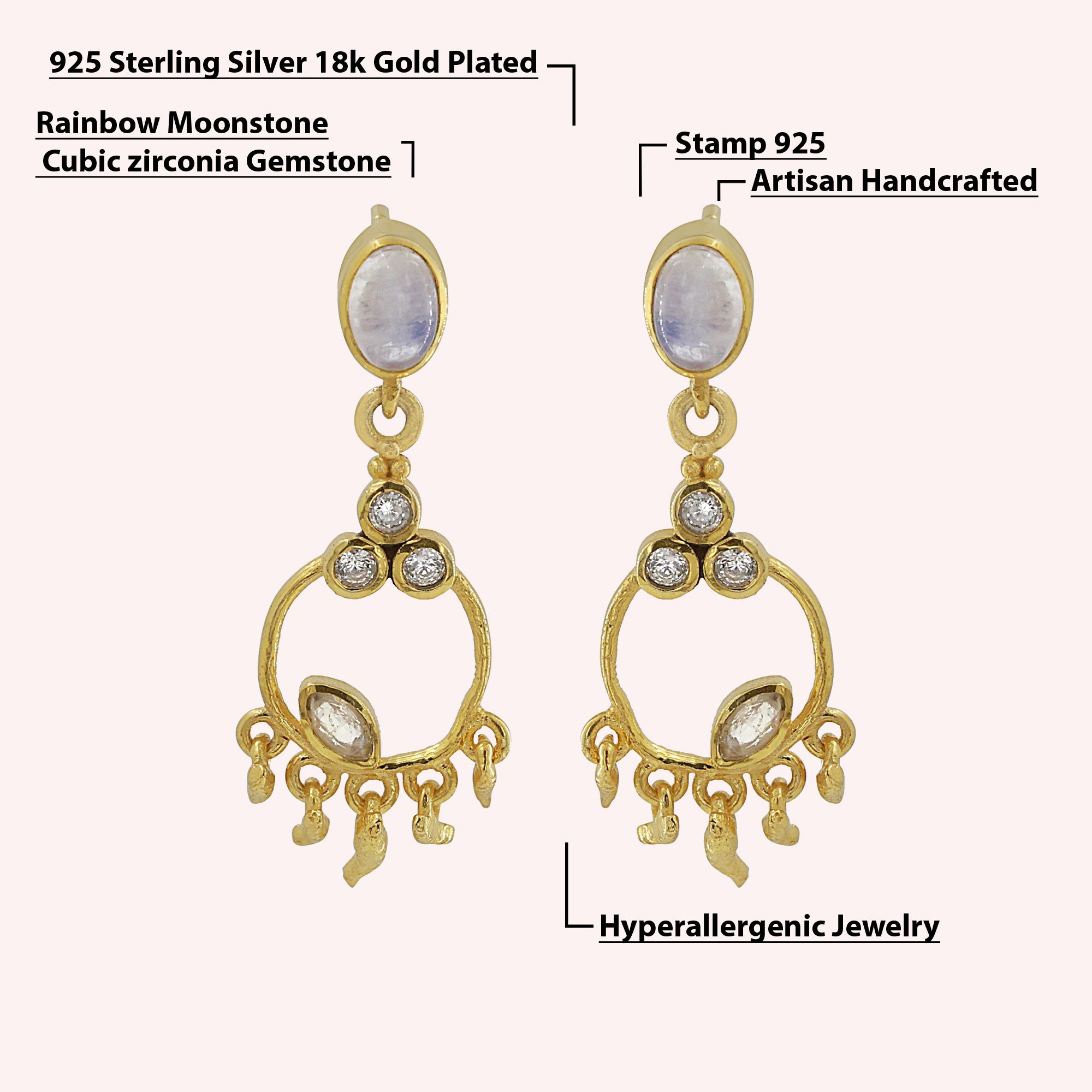 925 Sterling Silver Designer Dangle Earrings with Moonstone & White Topaz
