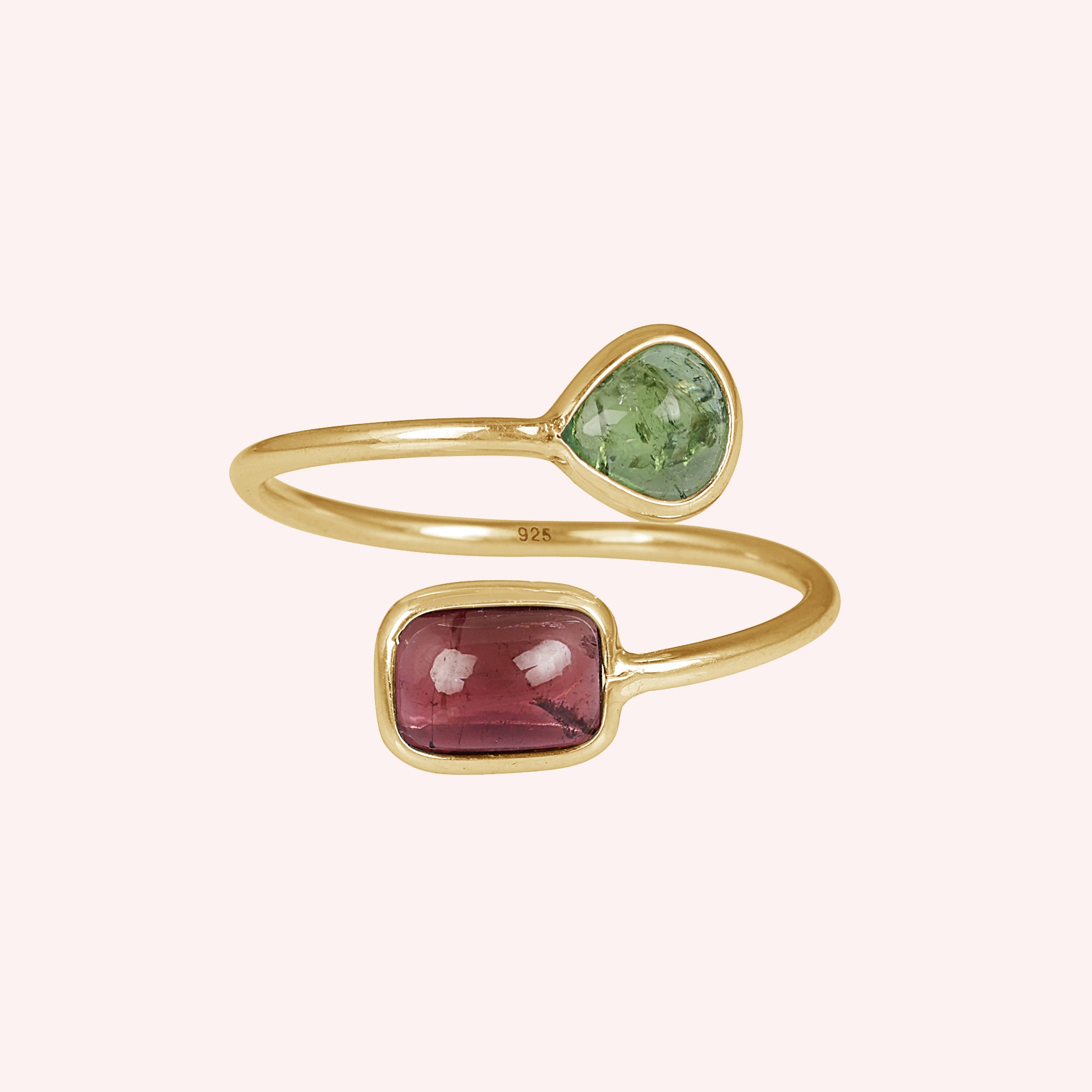 925 Sterling Silver Green and Pink Tourmaline Bypass Ring