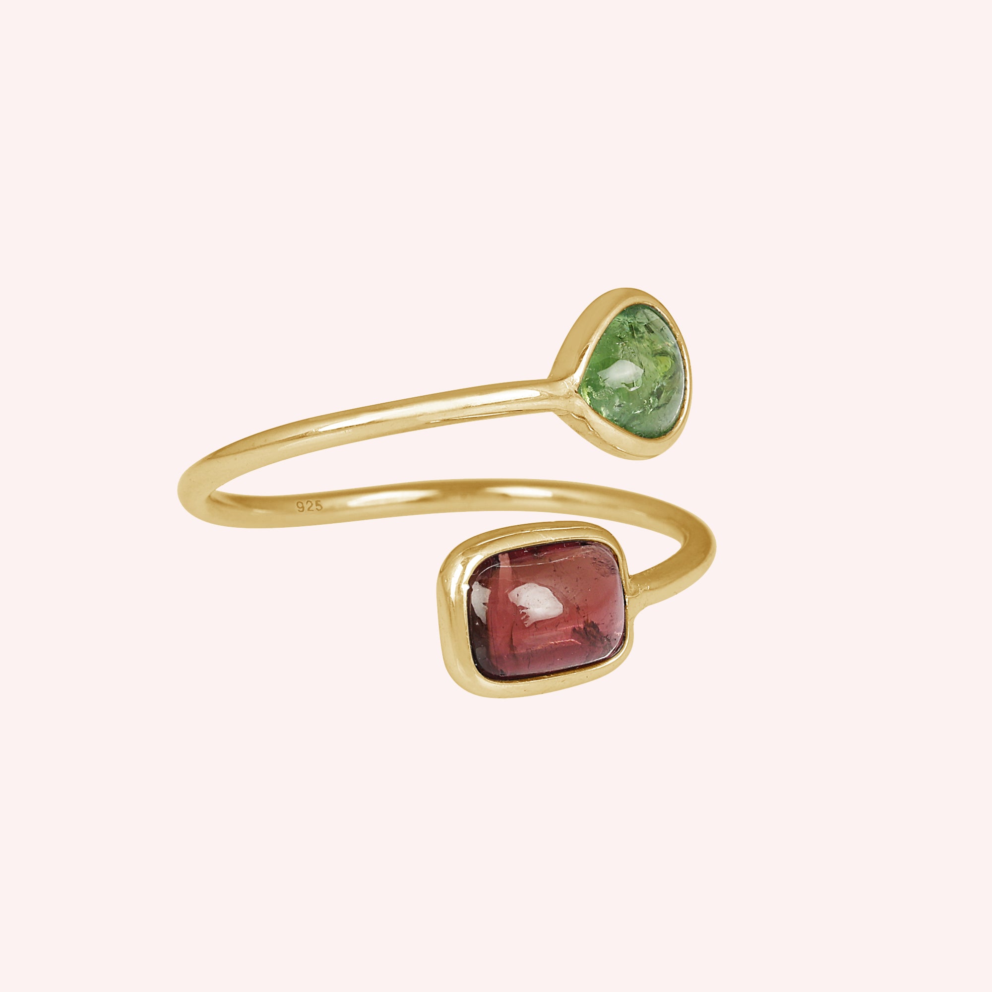 925 Sterling Silver Green and Pink Tourmaline Bypass Ring