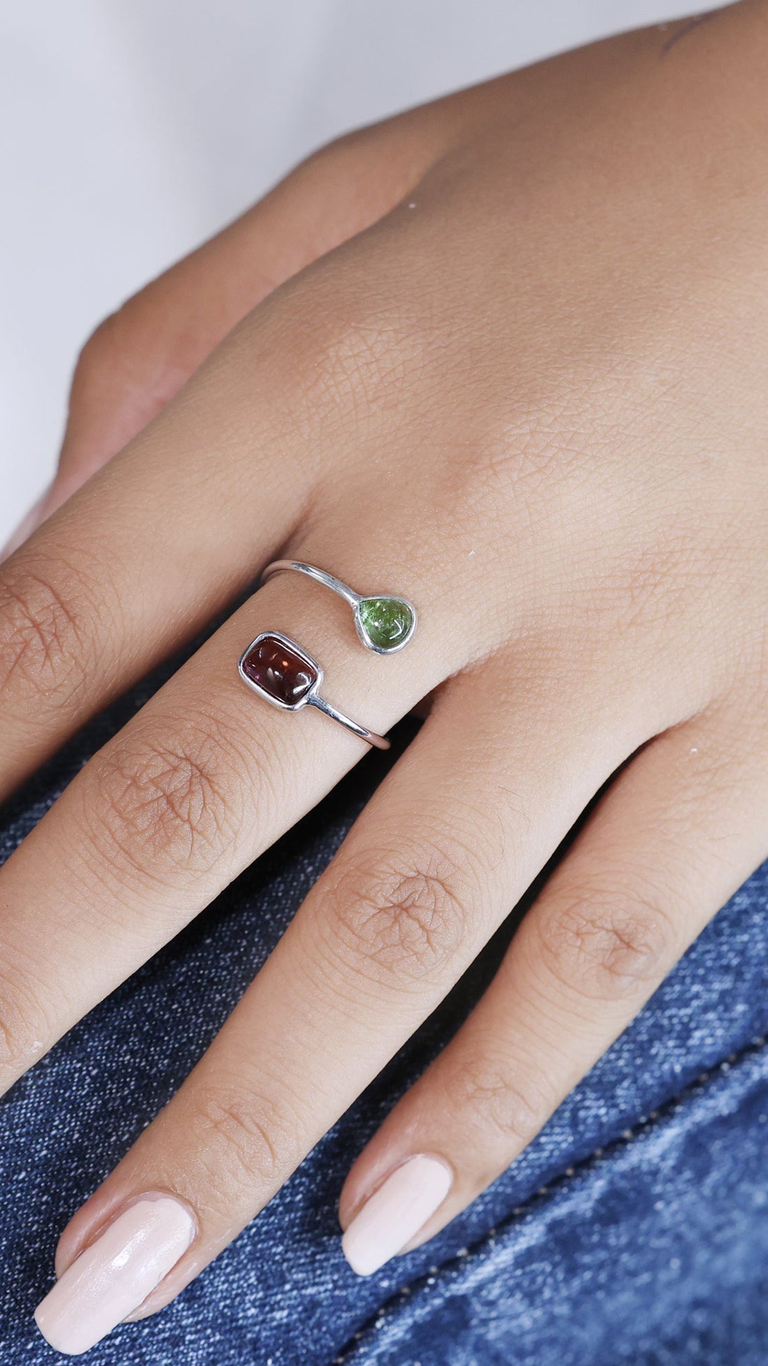 925 Sterling Silver Green and Pink Tourmaline Bypass Ring