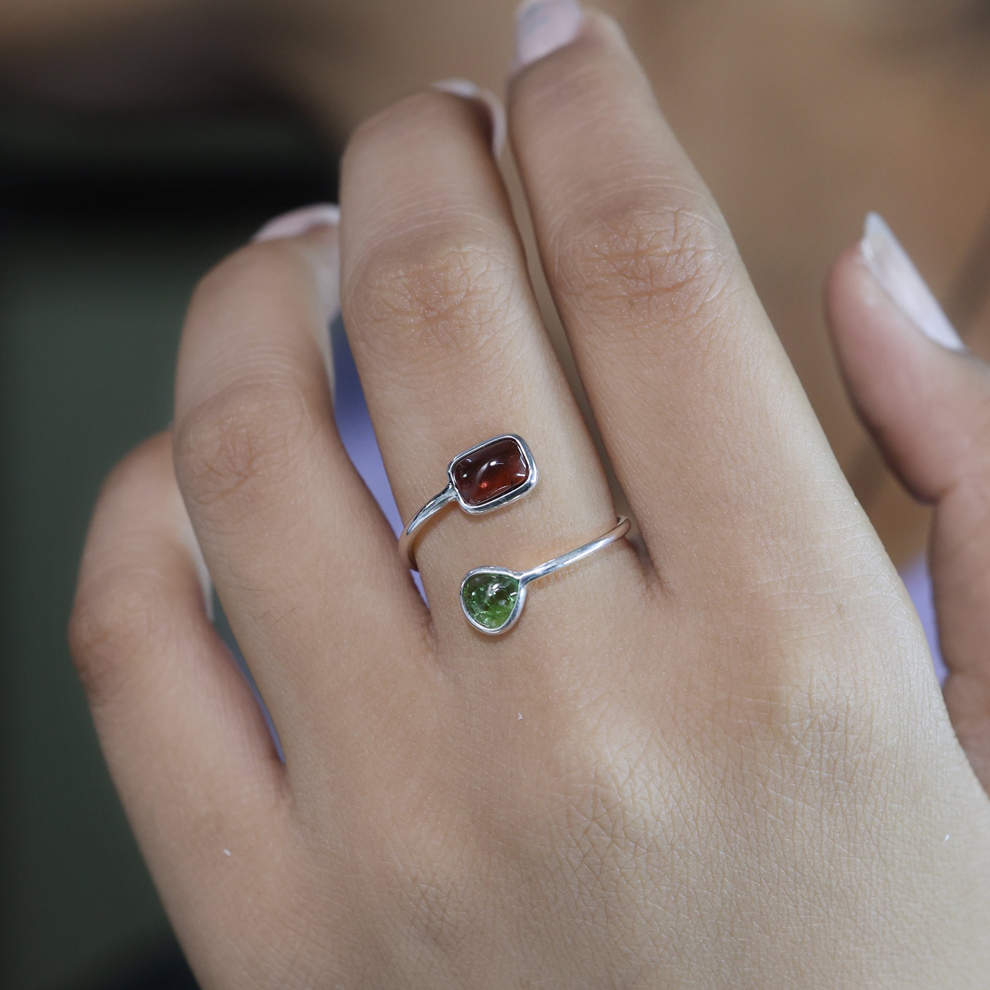 925 Sterling Silver Green and Pink Tourmaline Bypass Ring