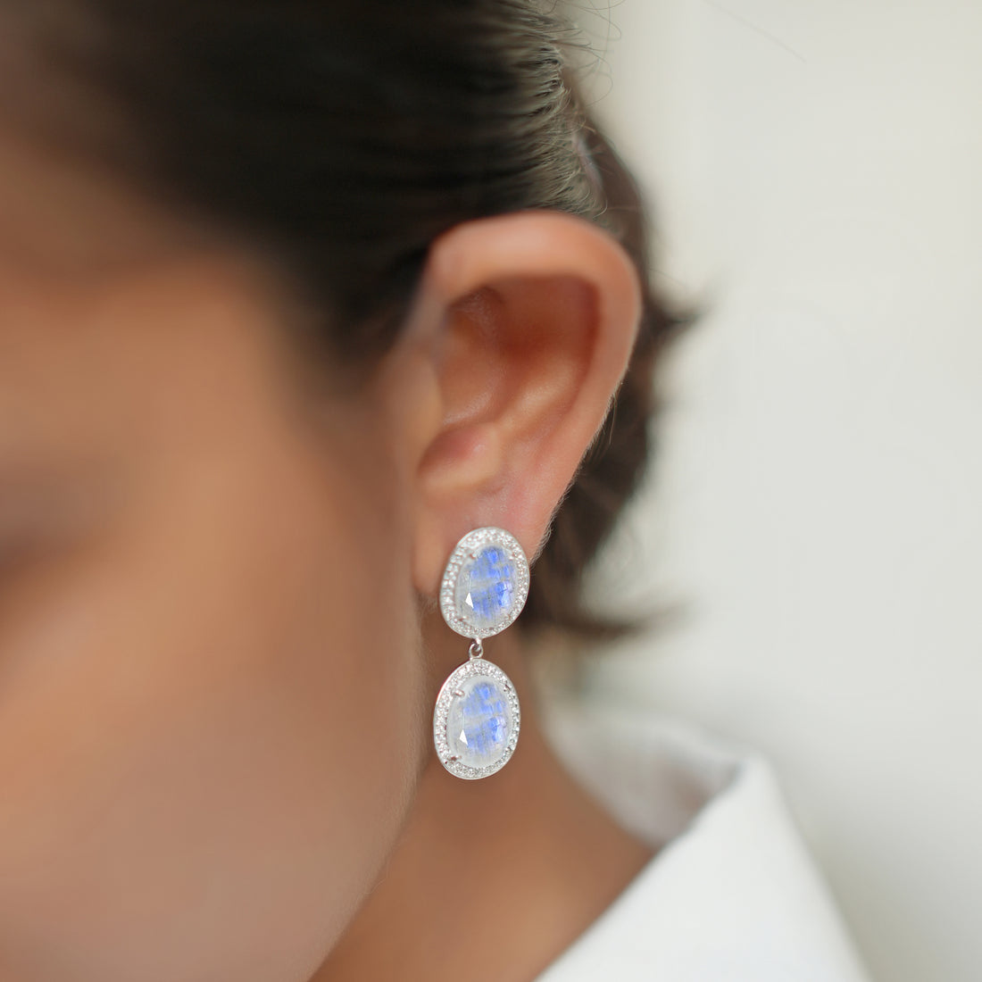 Moonstone Drop Earrings with White Topaz 925 Sterling Silver Jewlery