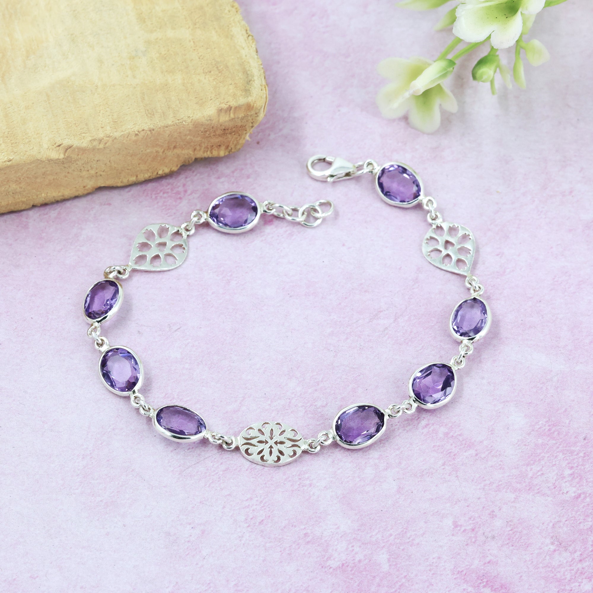 925 Sterling Silver Natural Purple Amethyst Bracelet