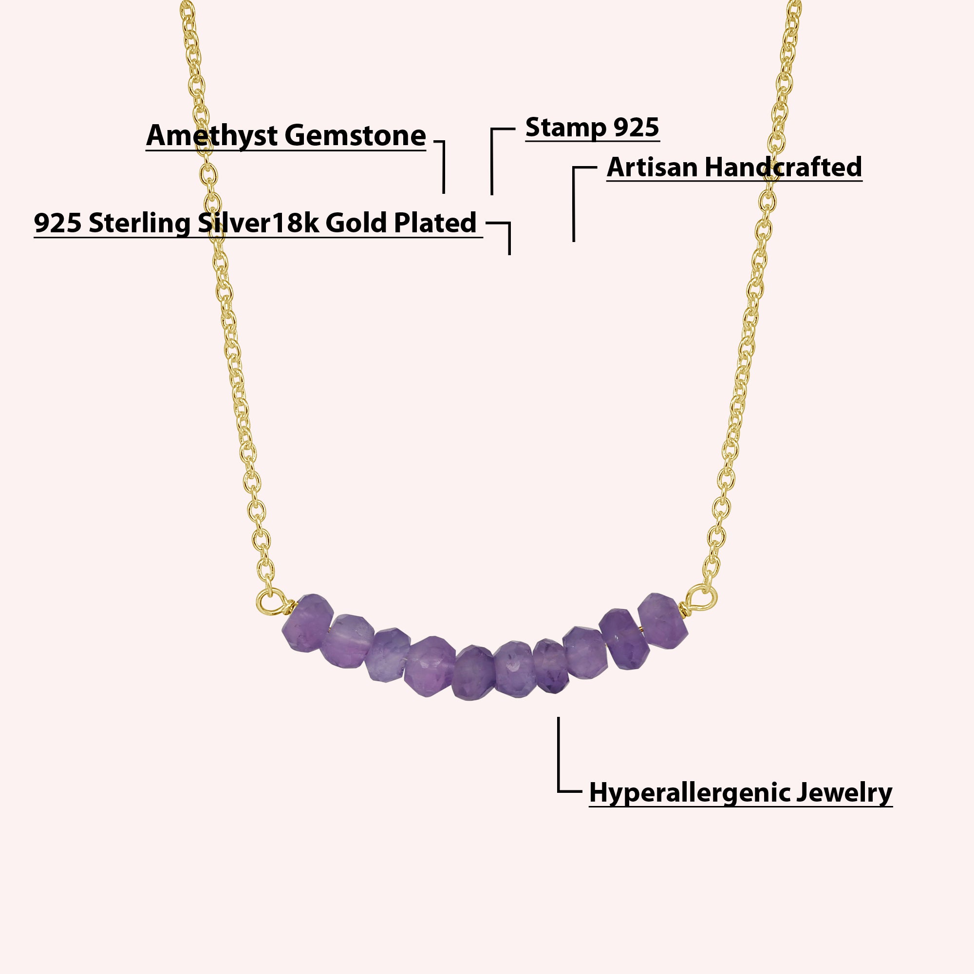 Sterling Silver Minimalist Natural Amethyst Beads Necklace Jewelry for Women