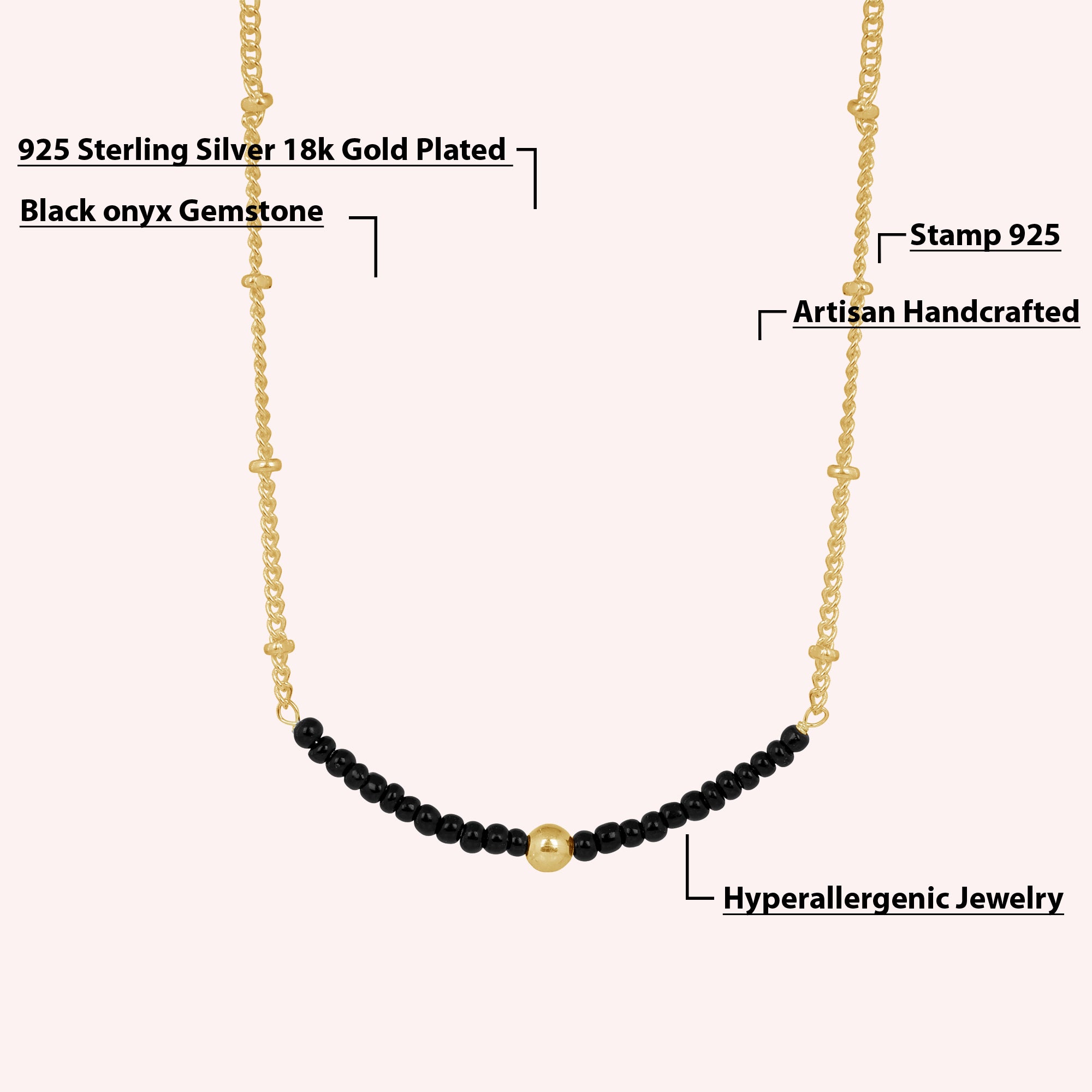 Sterling Silver Minimalist black onyx Beads Necklace Jewelry for Women