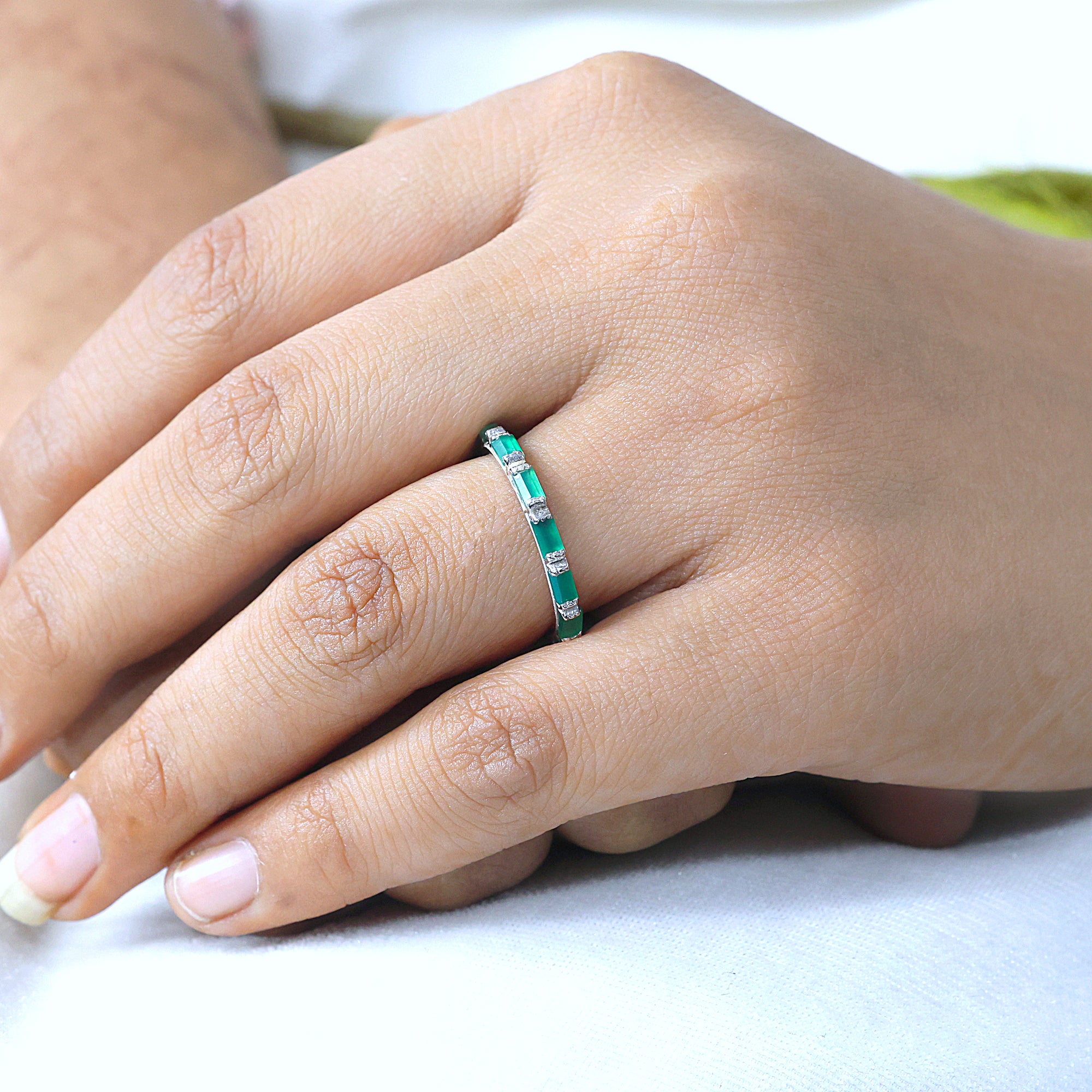 925 Sterling Silver Baguette Full Eternity Green Onyx Band Ring