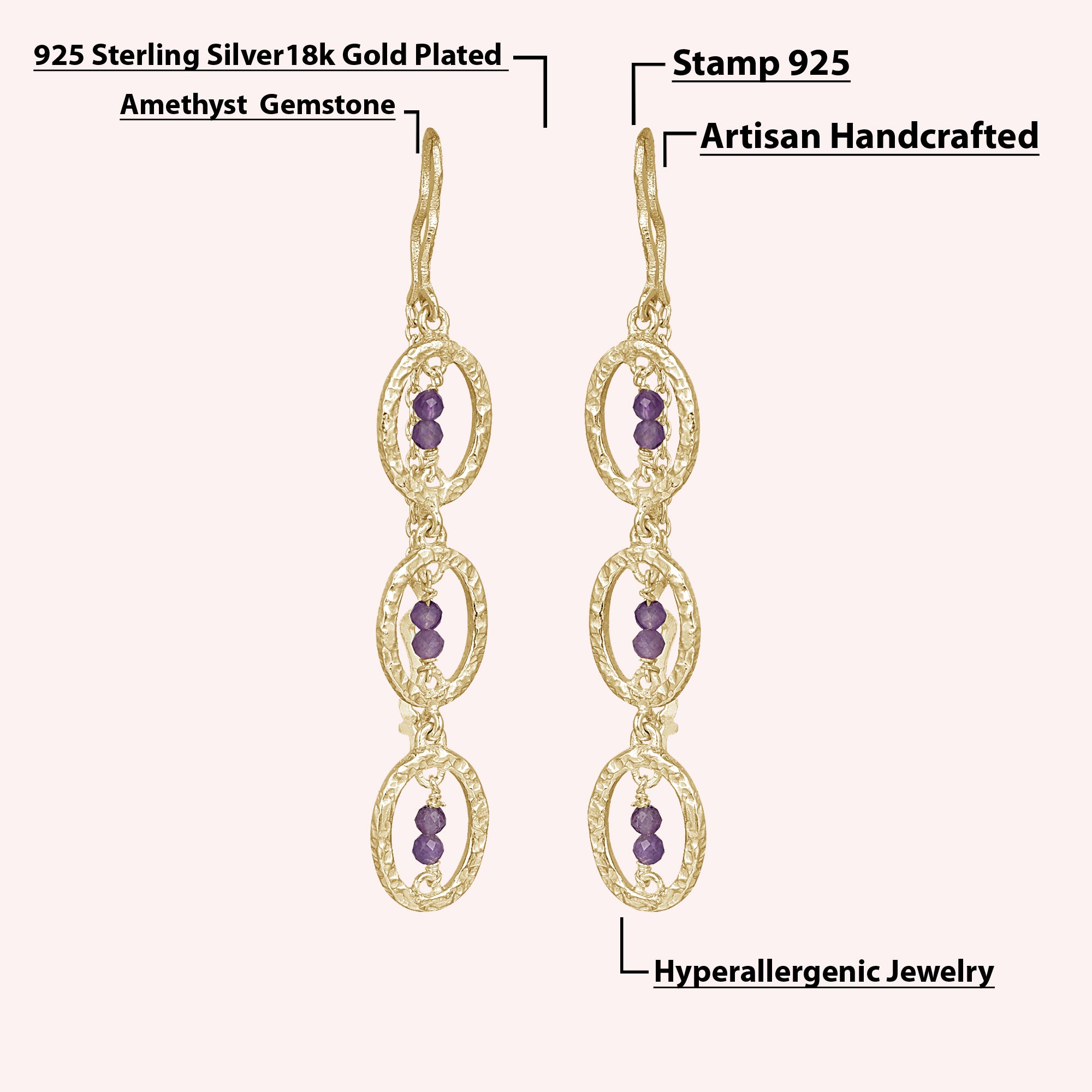 925 Sterling Silver Amethyst Dangle Earrings for Women