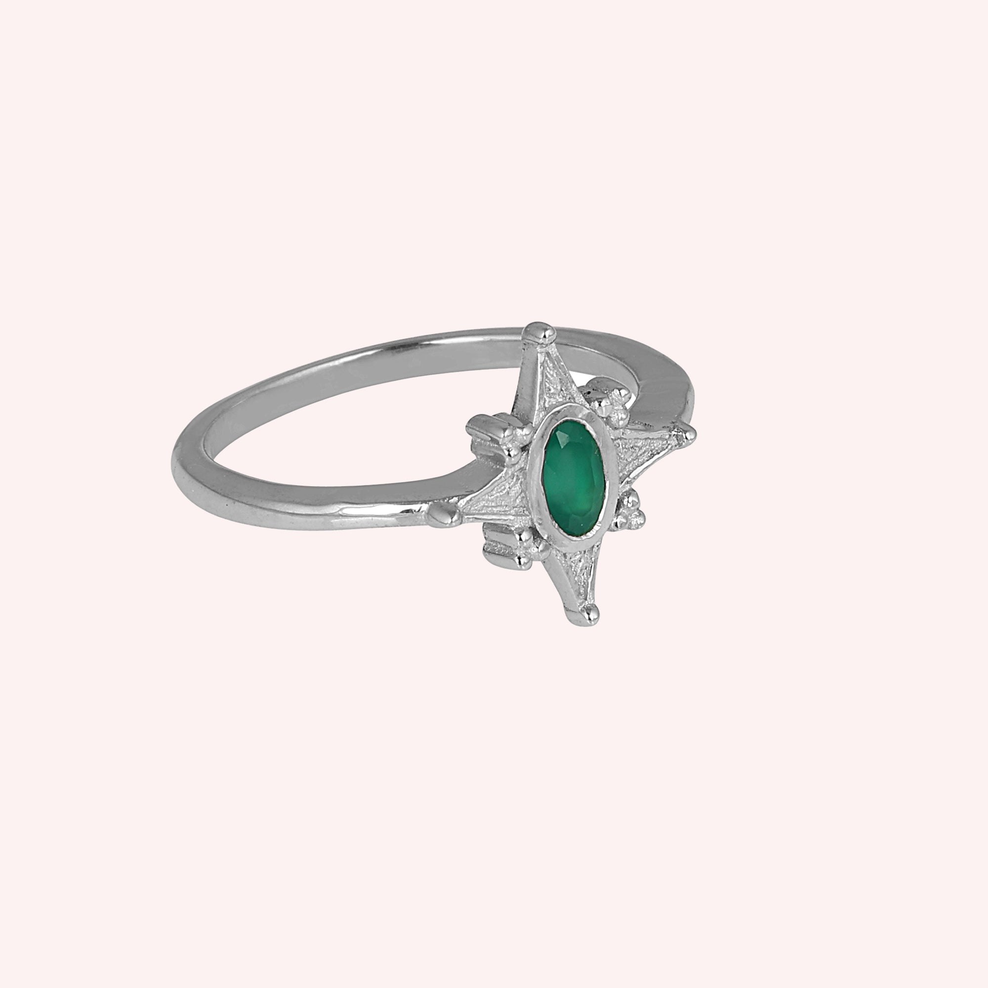 925 Sterling Silver Green Onyx North Star  Ring