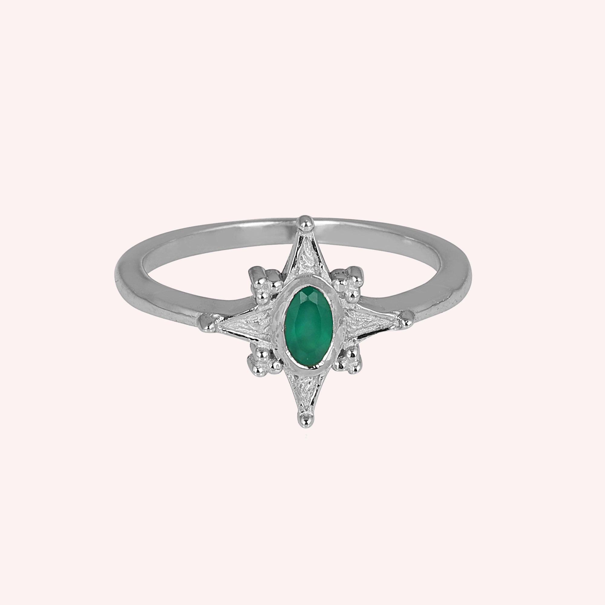 925 Sterling Silver Green Onyx North Star  Ring