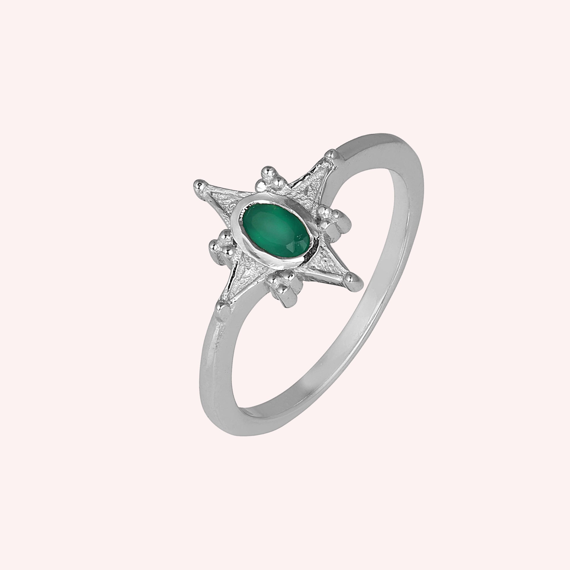 925 Sterling Silver Green Onyx North Star  Ring