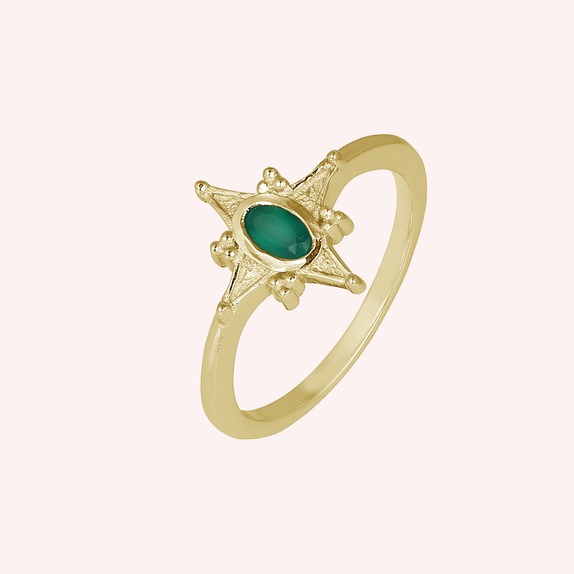 925 Sterling Silver Green Onyx North Star  Ring