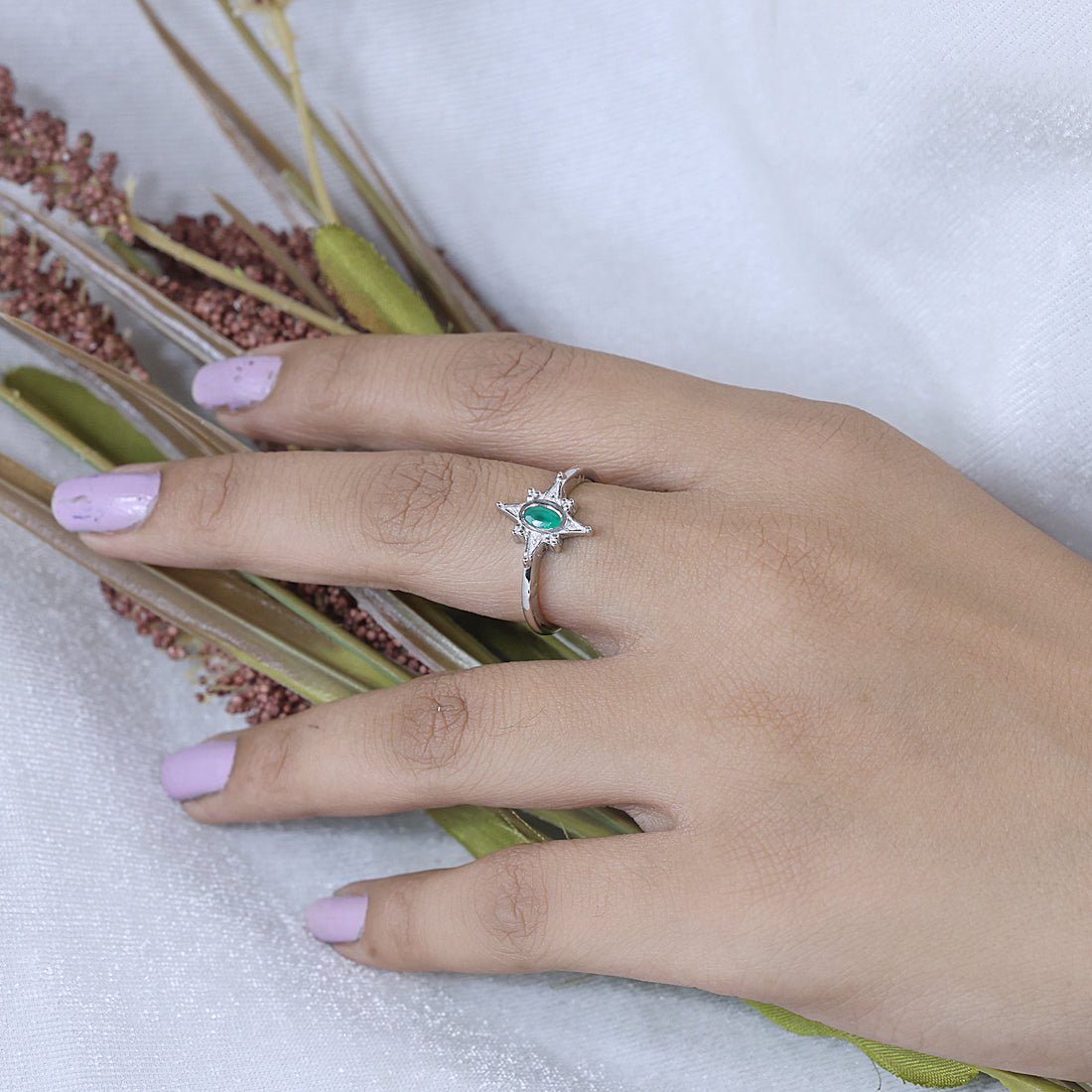 925 Sterling Silver Green Onyx North Star  Ring