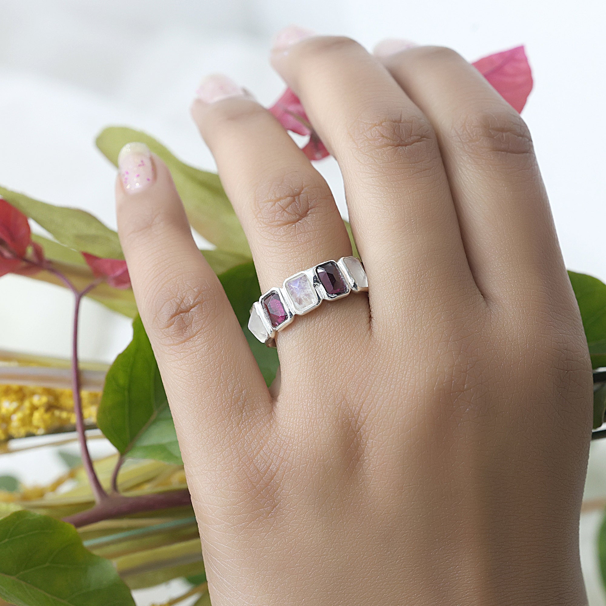 925 Sterling Silver Full Eternity Moonstone and Garnet Ring