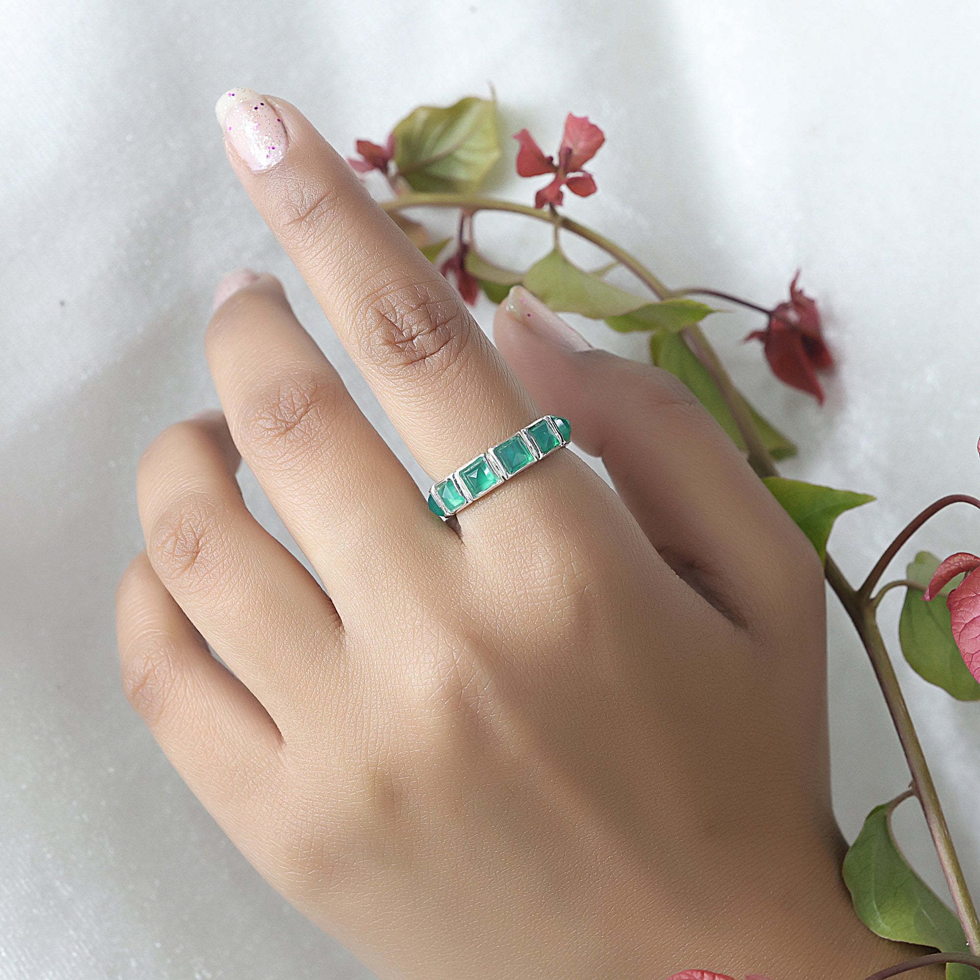 Green Onyx Eternity Ring, 925 Sterling Silver Jewelry