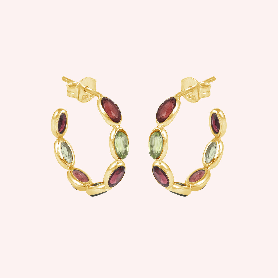 925 Sterling Silver Peridot and Garnet Huggies Earring