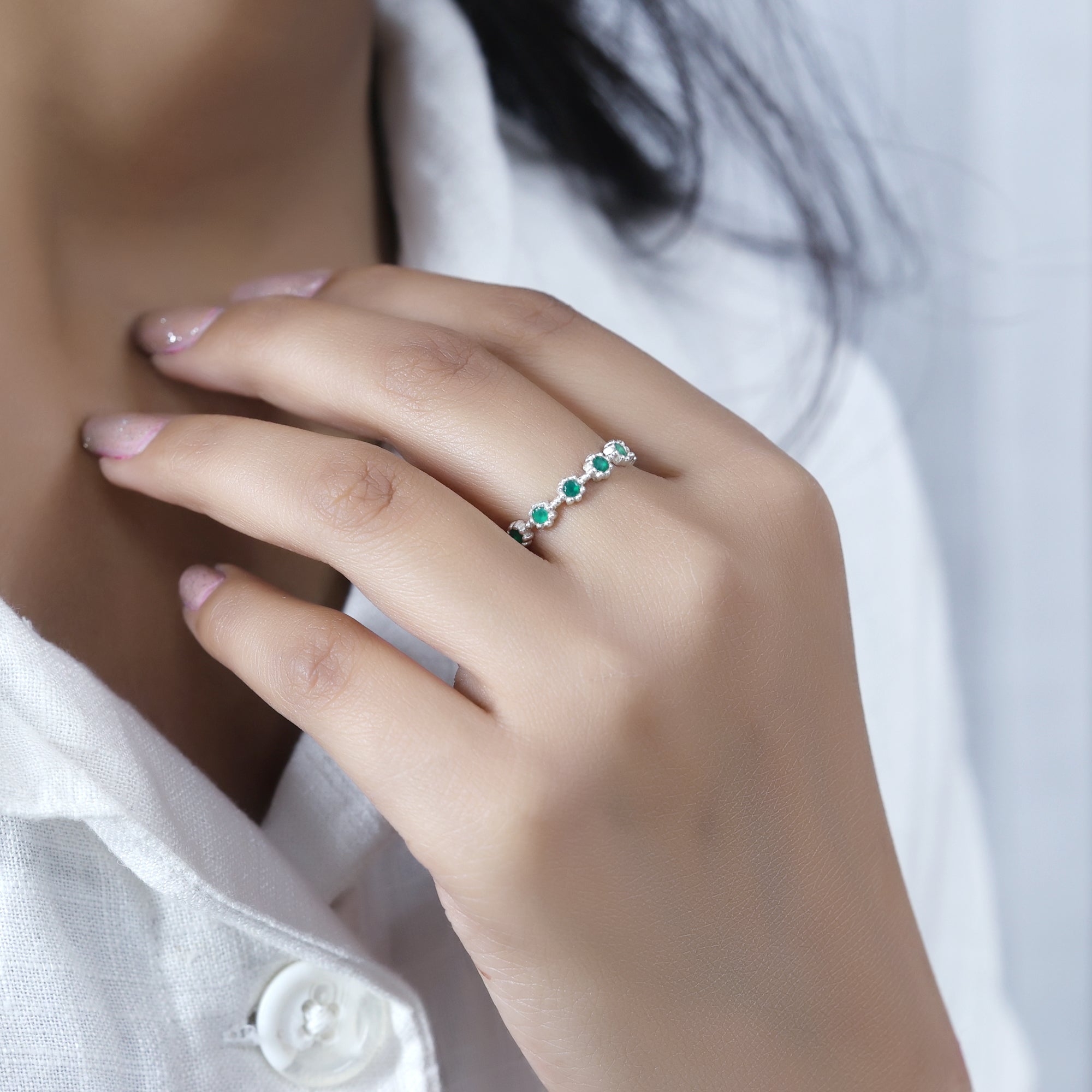 925 Sterling Silver Green Flower Full Eternity Ring for Women