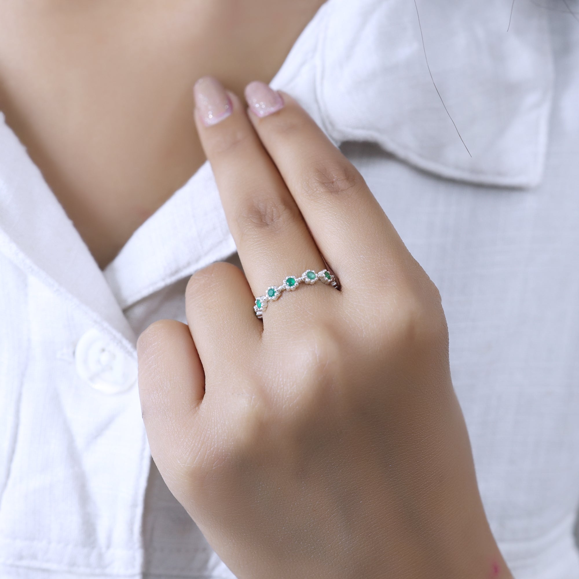 925 Sterling Silver Green Flower Full Eternity Ring for Women
