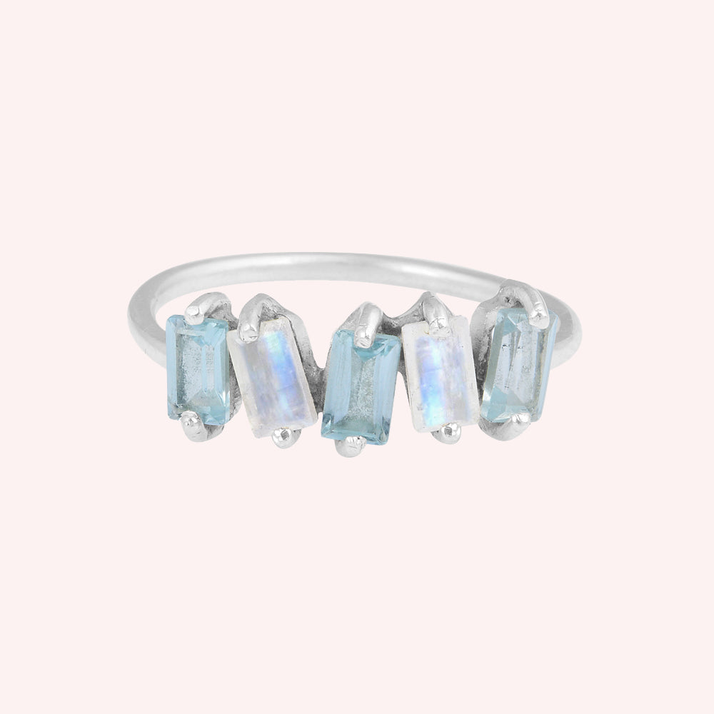 Sterling Silver Blue Topaz& Moonstone Minimalist Stacking Ring