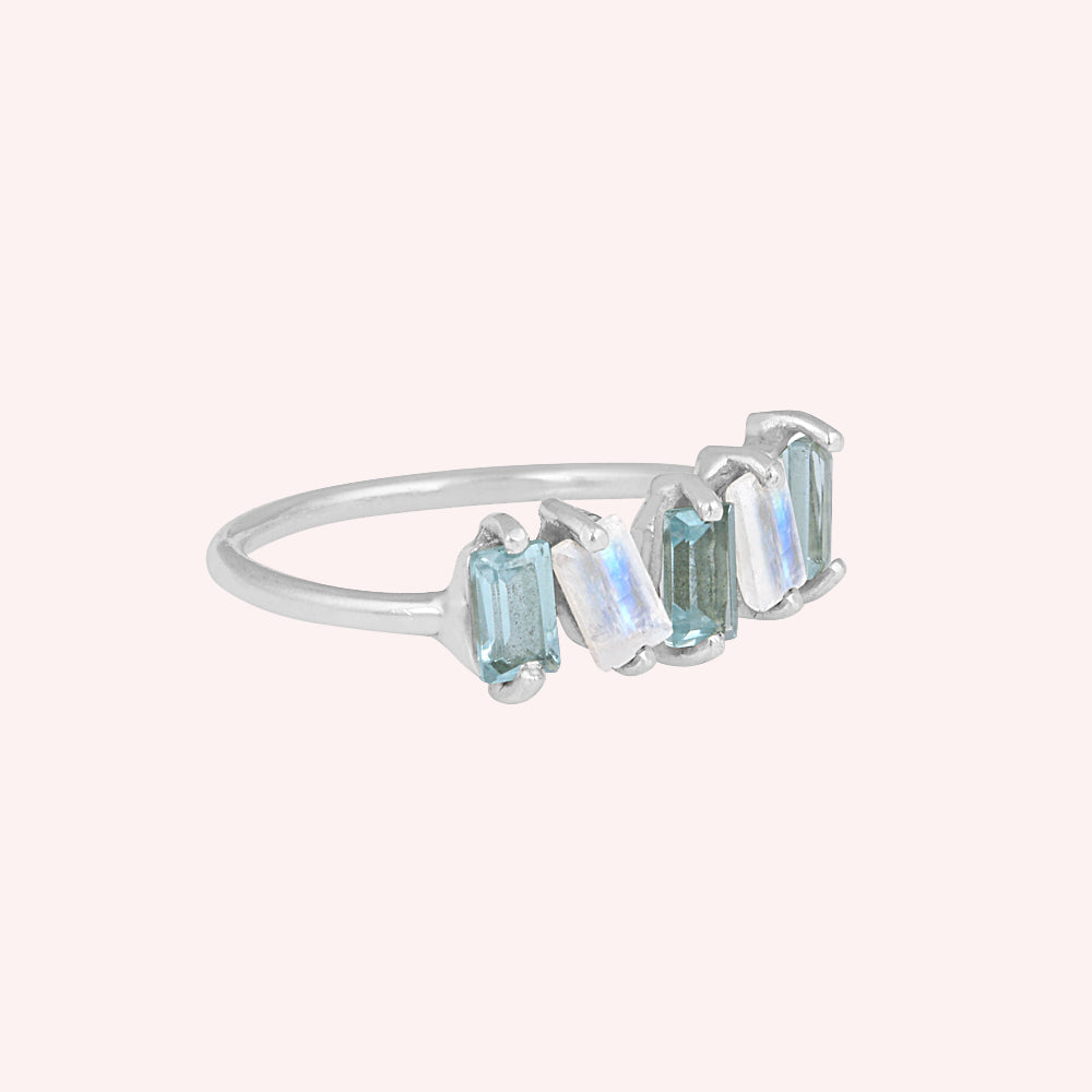 Sterling Silver Blue Topaz& Moonstone Minimalist Stacking Ring