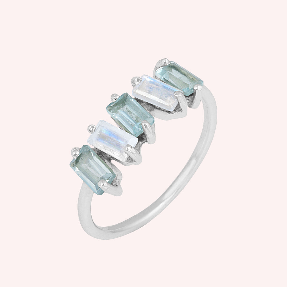 Sterling Silver Blue Topaz& Moonstone Minimalist Stacking Ring