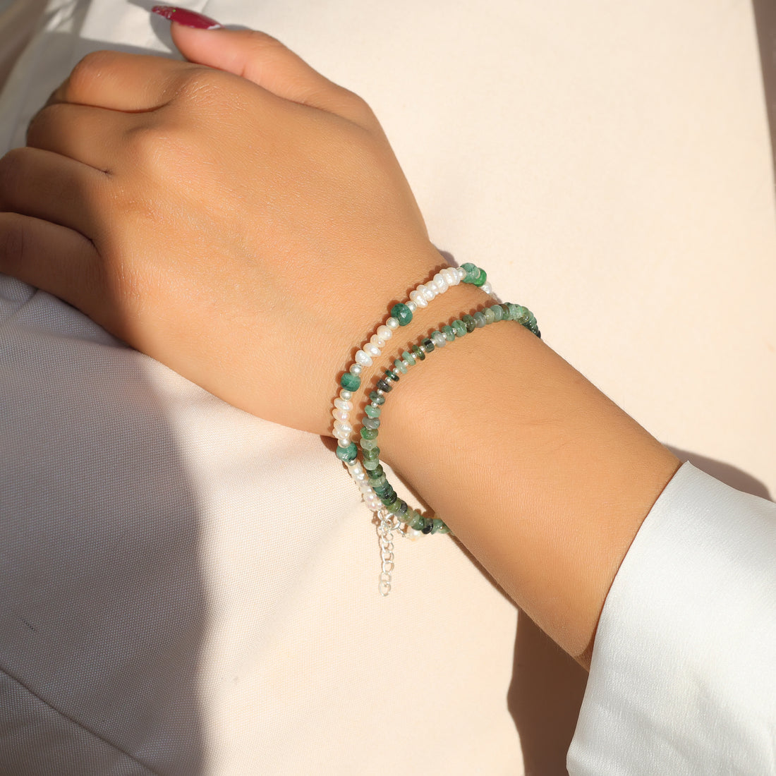 Natural Green Emerald Beaded Bracelet with 925 Sterling Silver