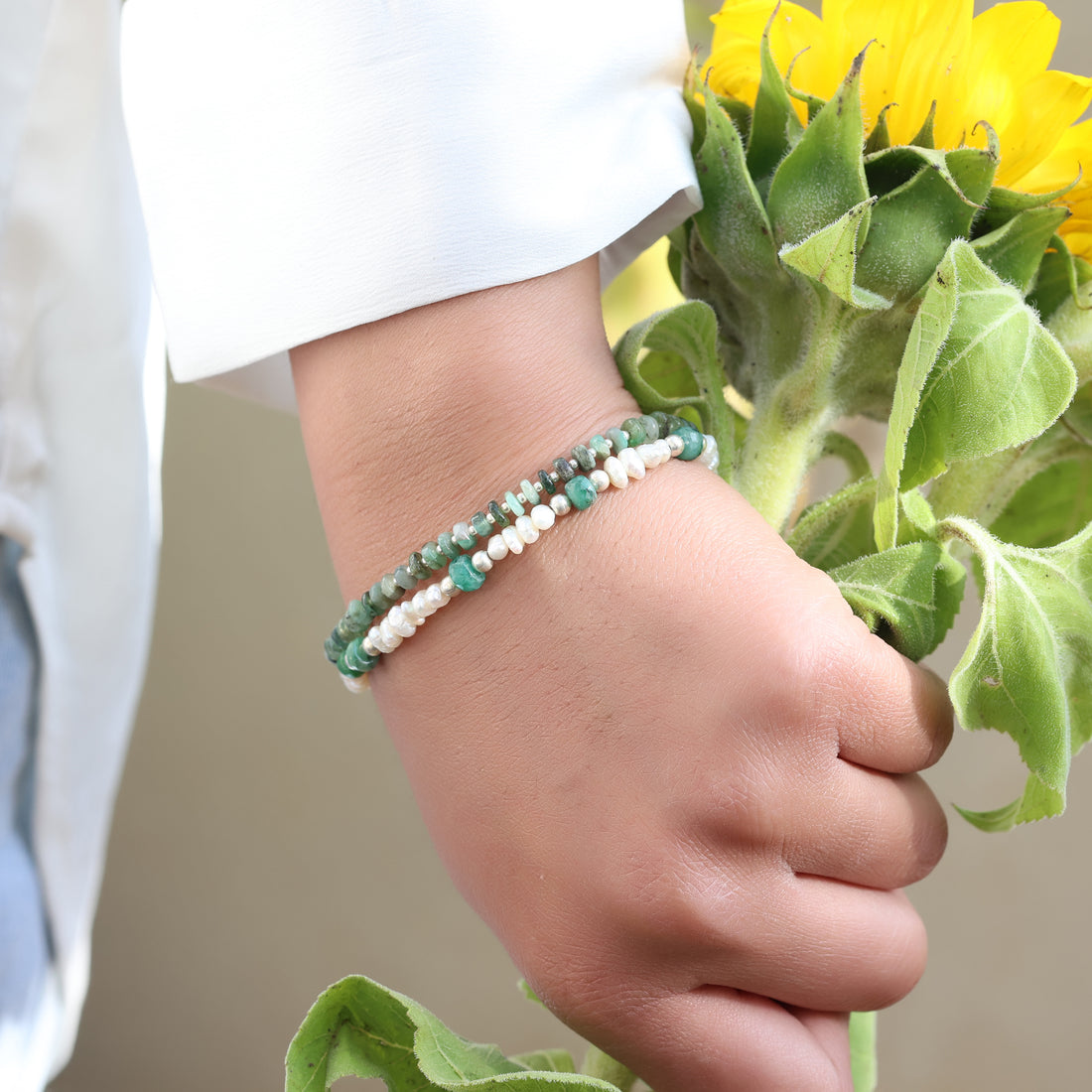 Natural Pearl and Emerald Beads Bracelet Jewelry for Women