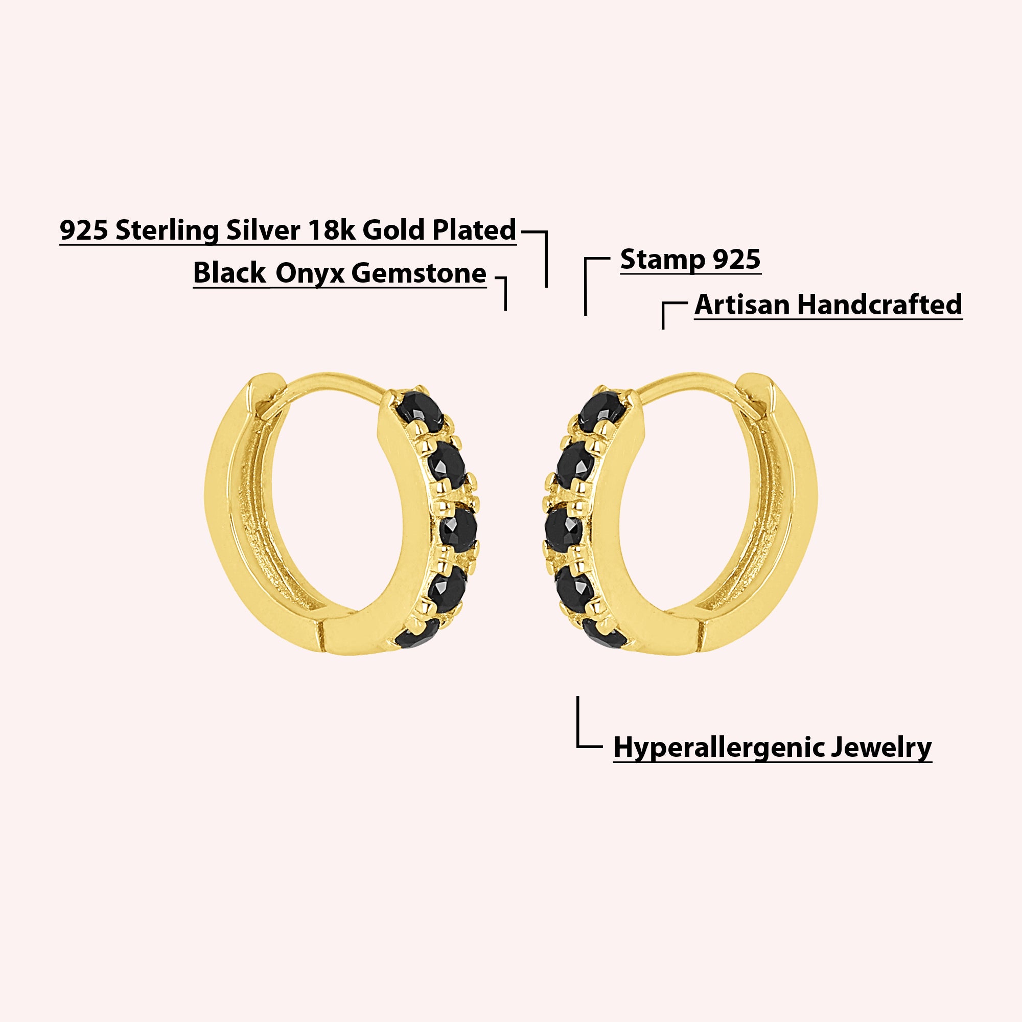 925 Sterling Silver Black Onyx Huggie Hoop Earrings for Women