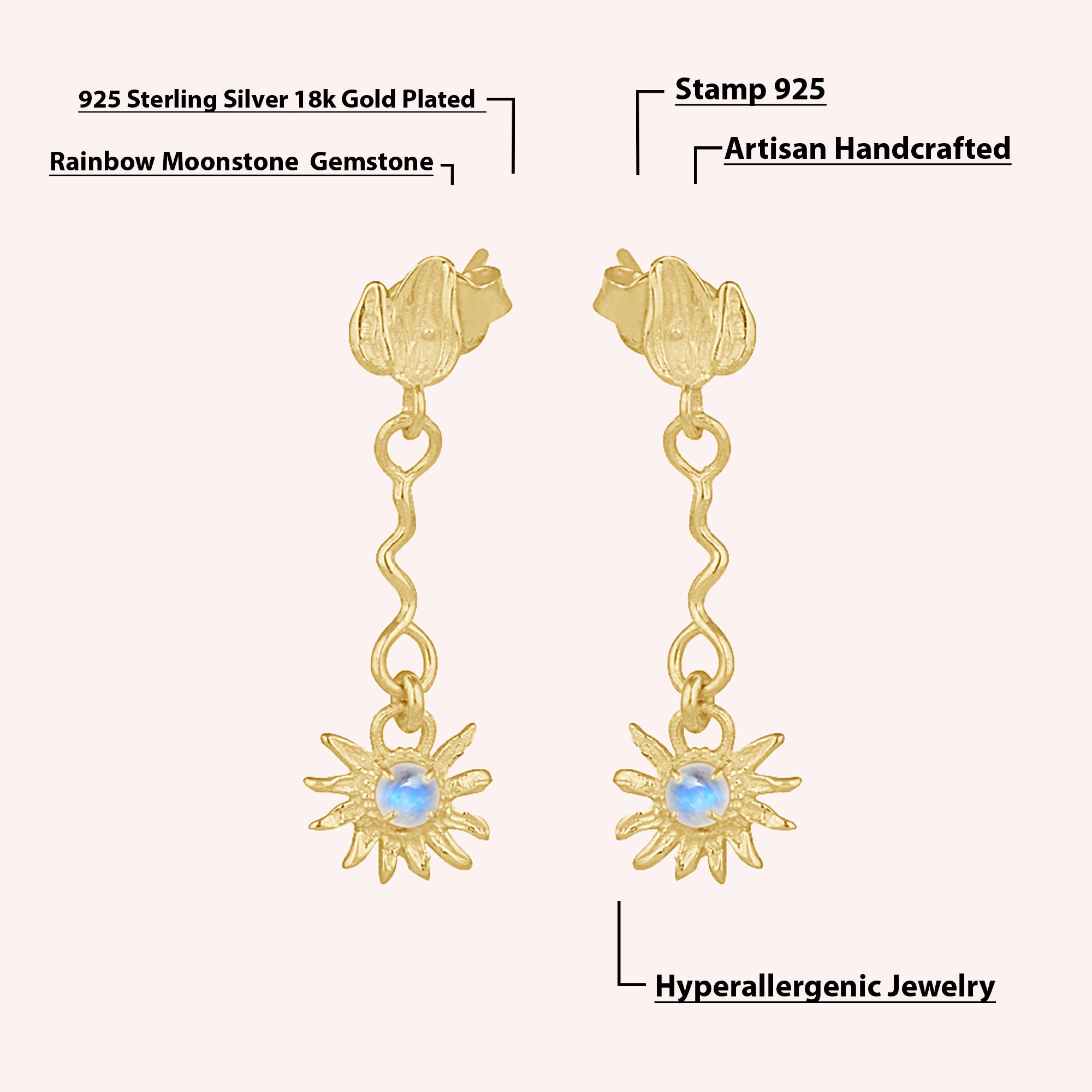 925 Sterling Silver Moonstone Sunburst Dangle Earrings