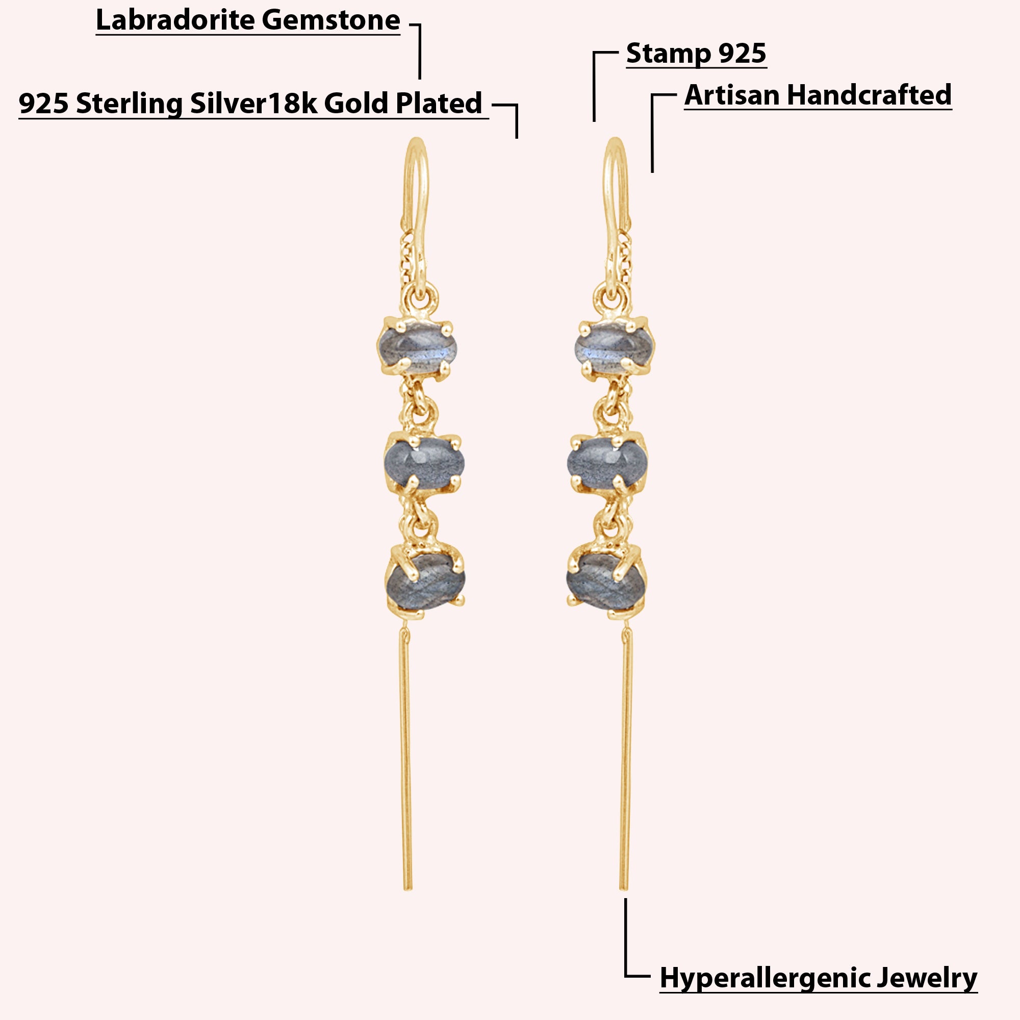 925 Sterling Silver Labradorite Threader Earrings for Women