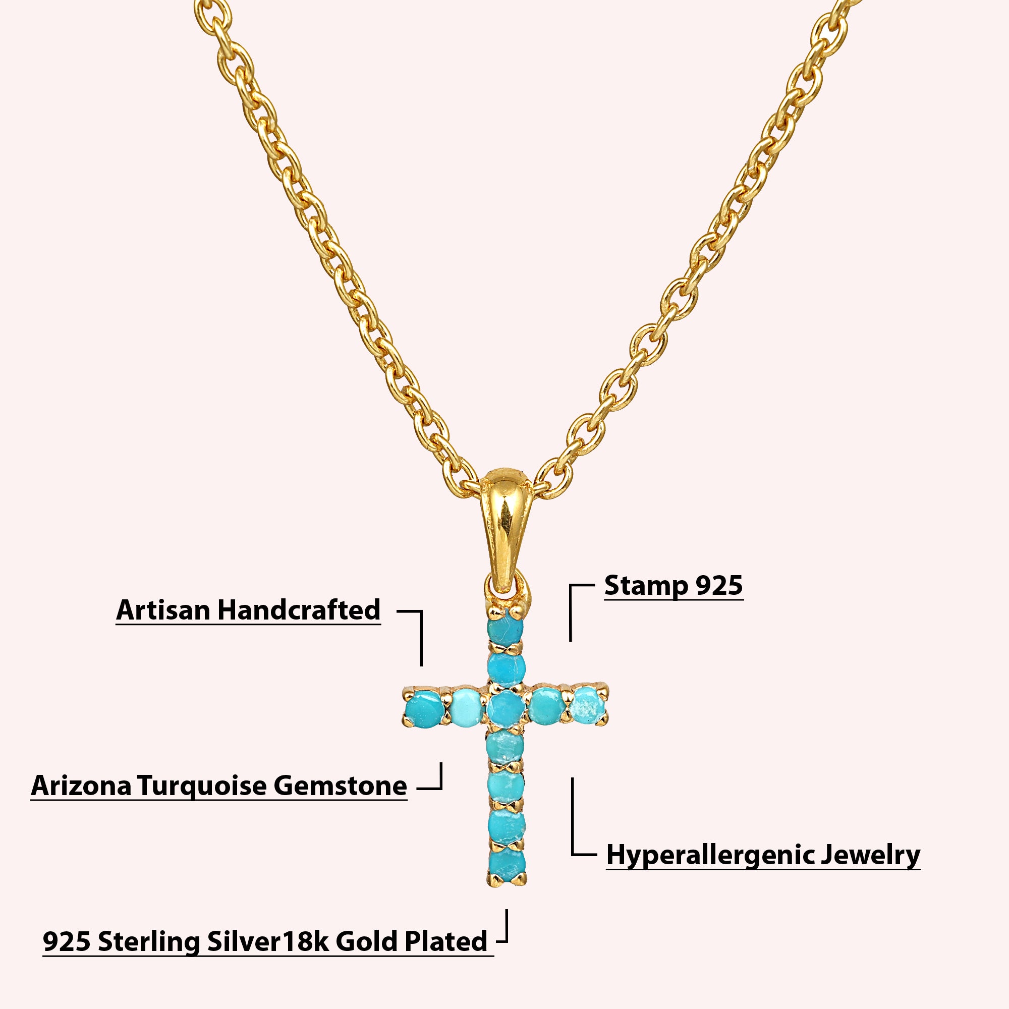 925 Sterling Silver Small Cross Necklace With Arizona Turquoise