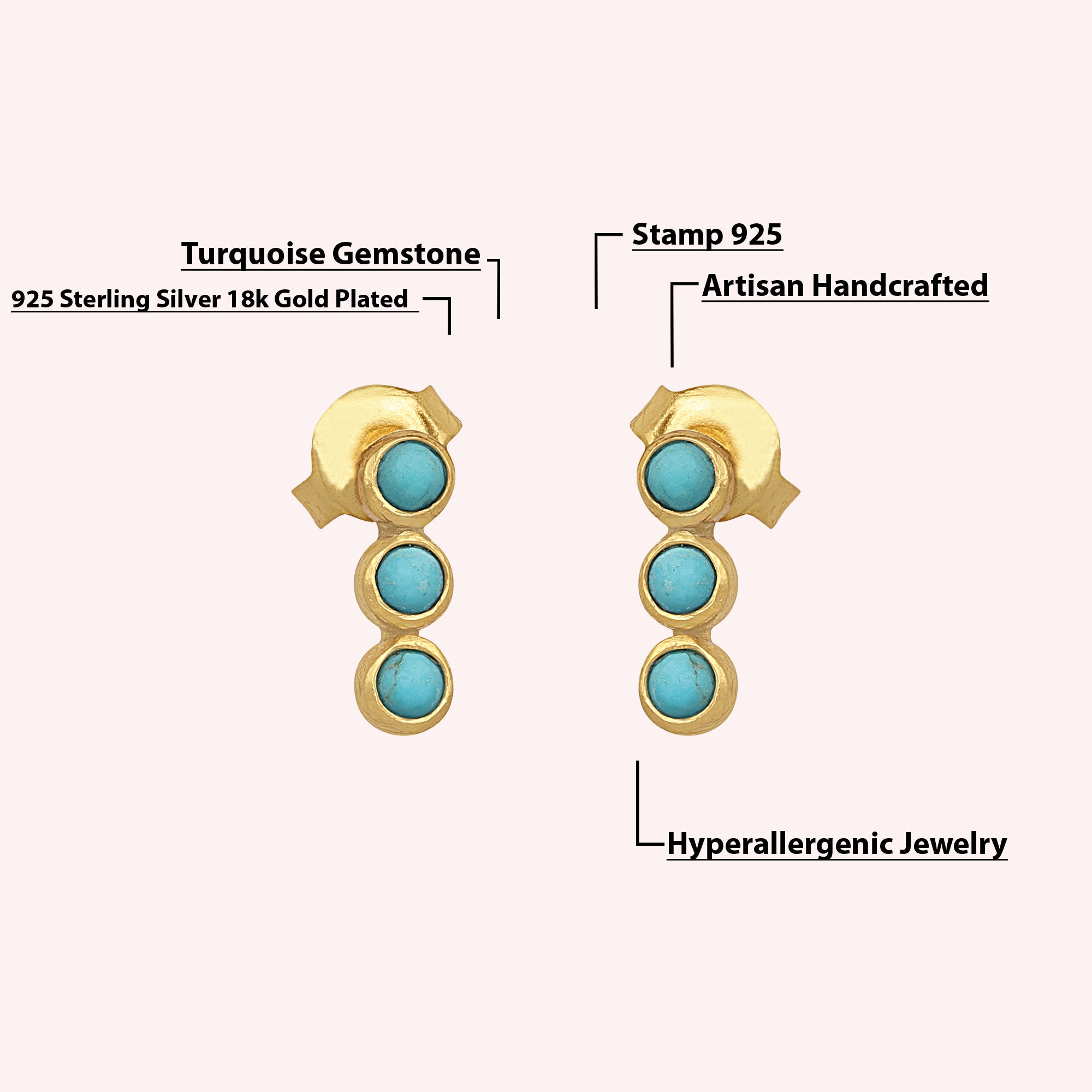 925 Sterling Silver Triple Turquoise Studs Earrings