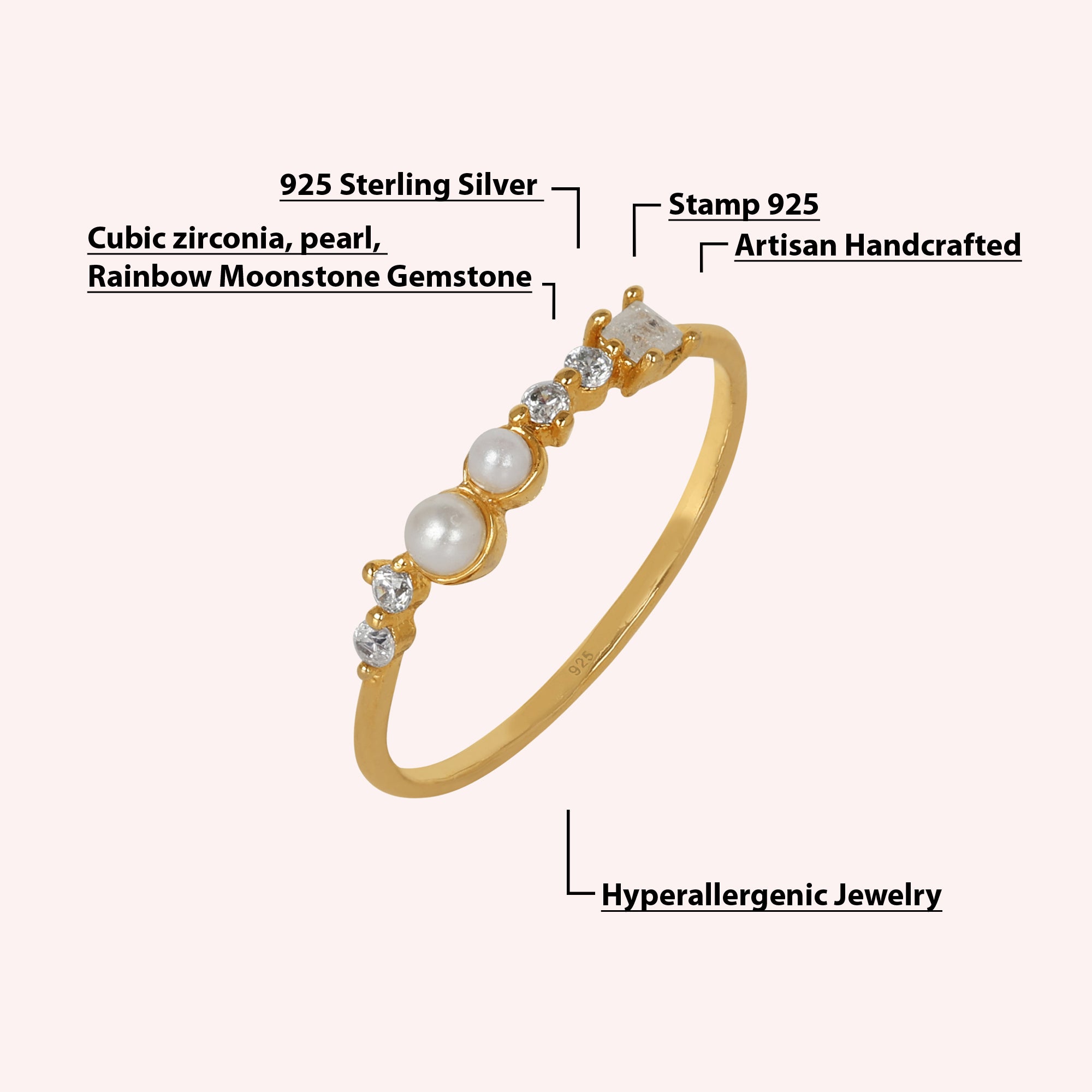 925 Sterling Silver Pearl, Zircon & Moonstone Minimal Ring
