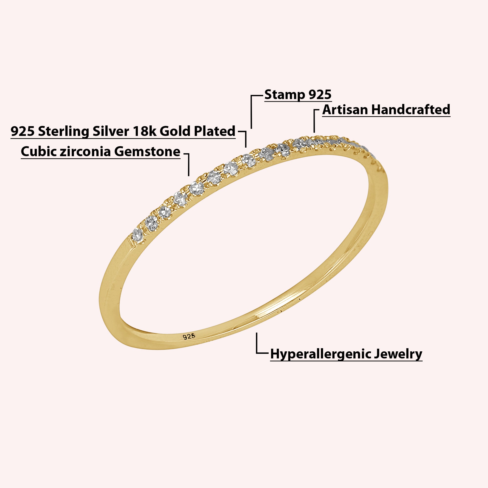 925 Sterling Silver Half Eternity Stackable Minimalist Zircon Ring