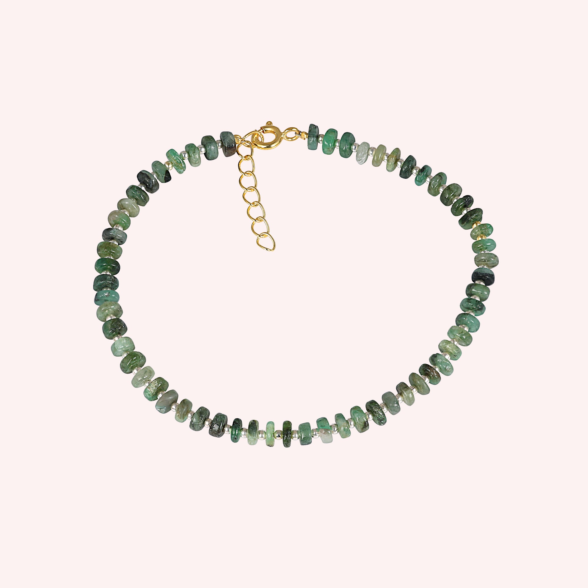 Natural Green Emerald Beaded Bracelet with 925 Sterling Silver