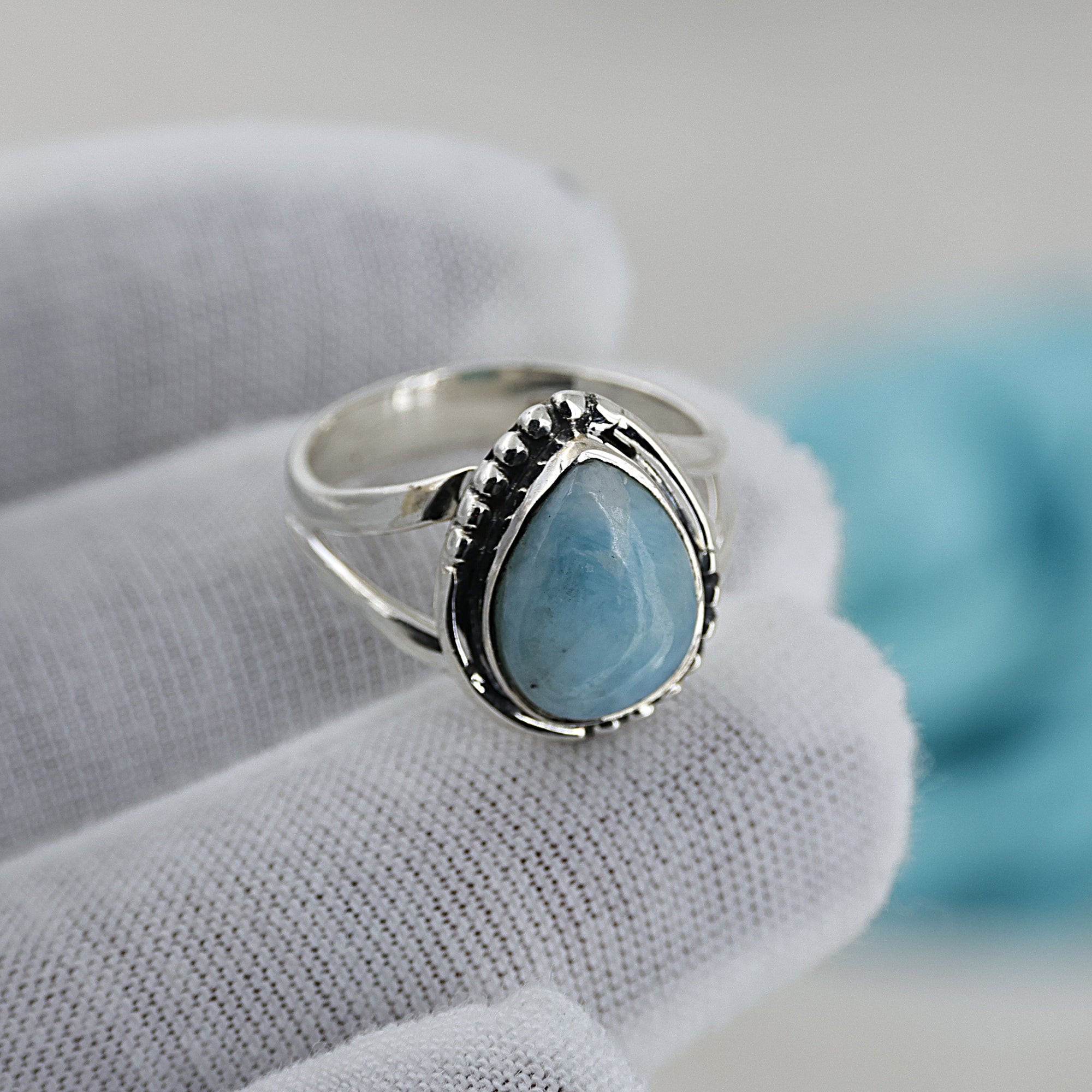 925 Sterling Silver Larimar Teardrop Split Band Ring
