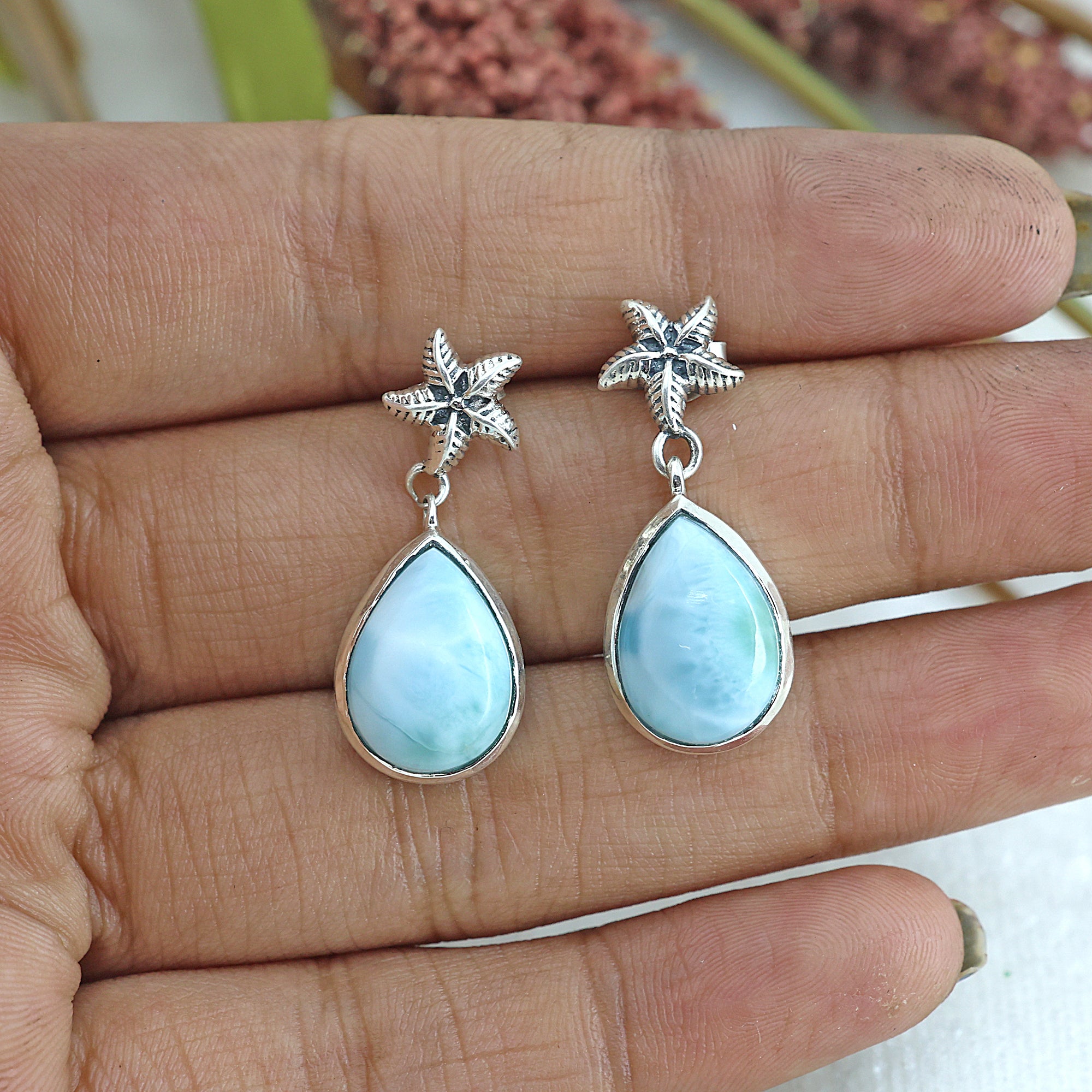 Larimar Sterling Silver Starfish Larimar Earrings