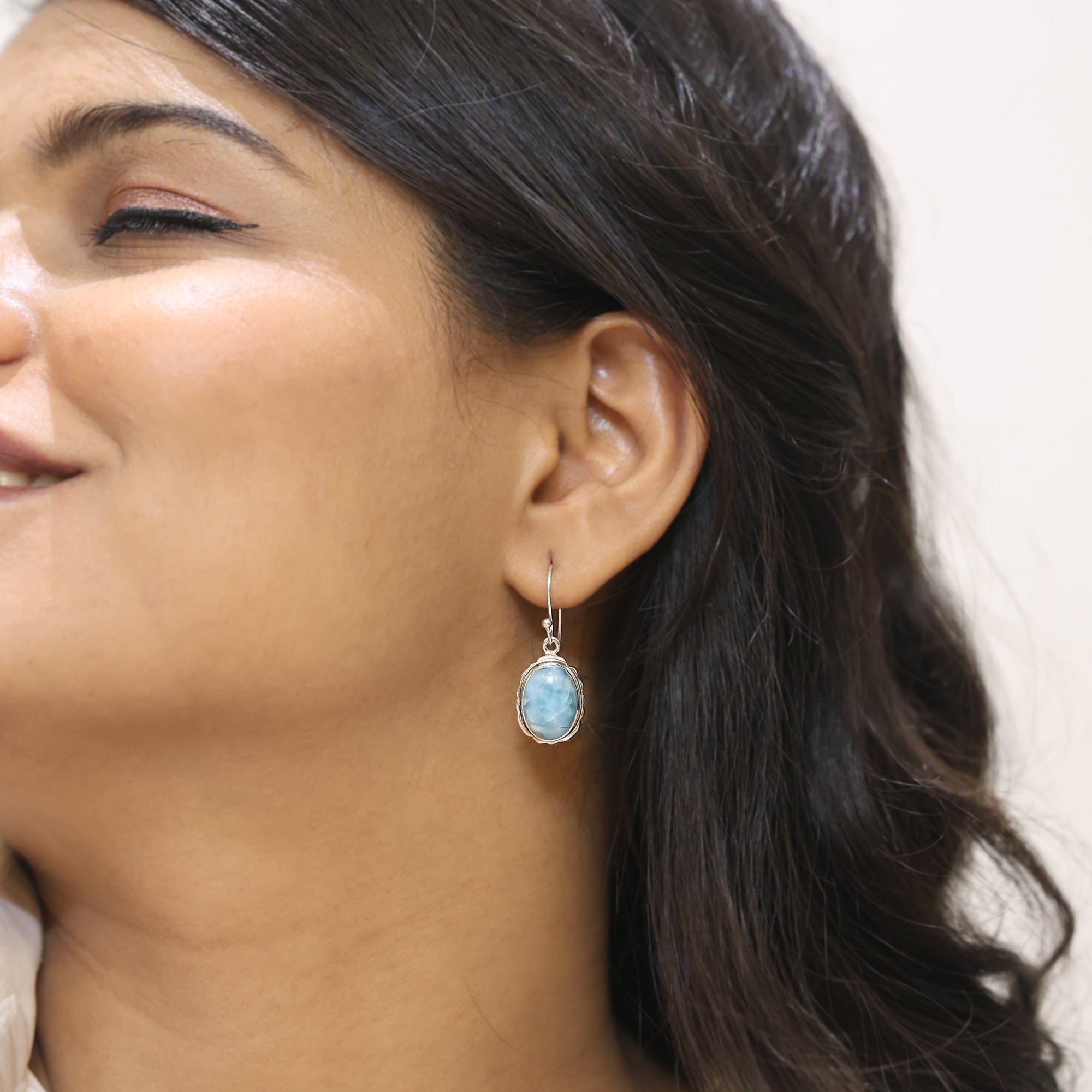 925 Sterling Silver Natural Larimar Dangling Earring