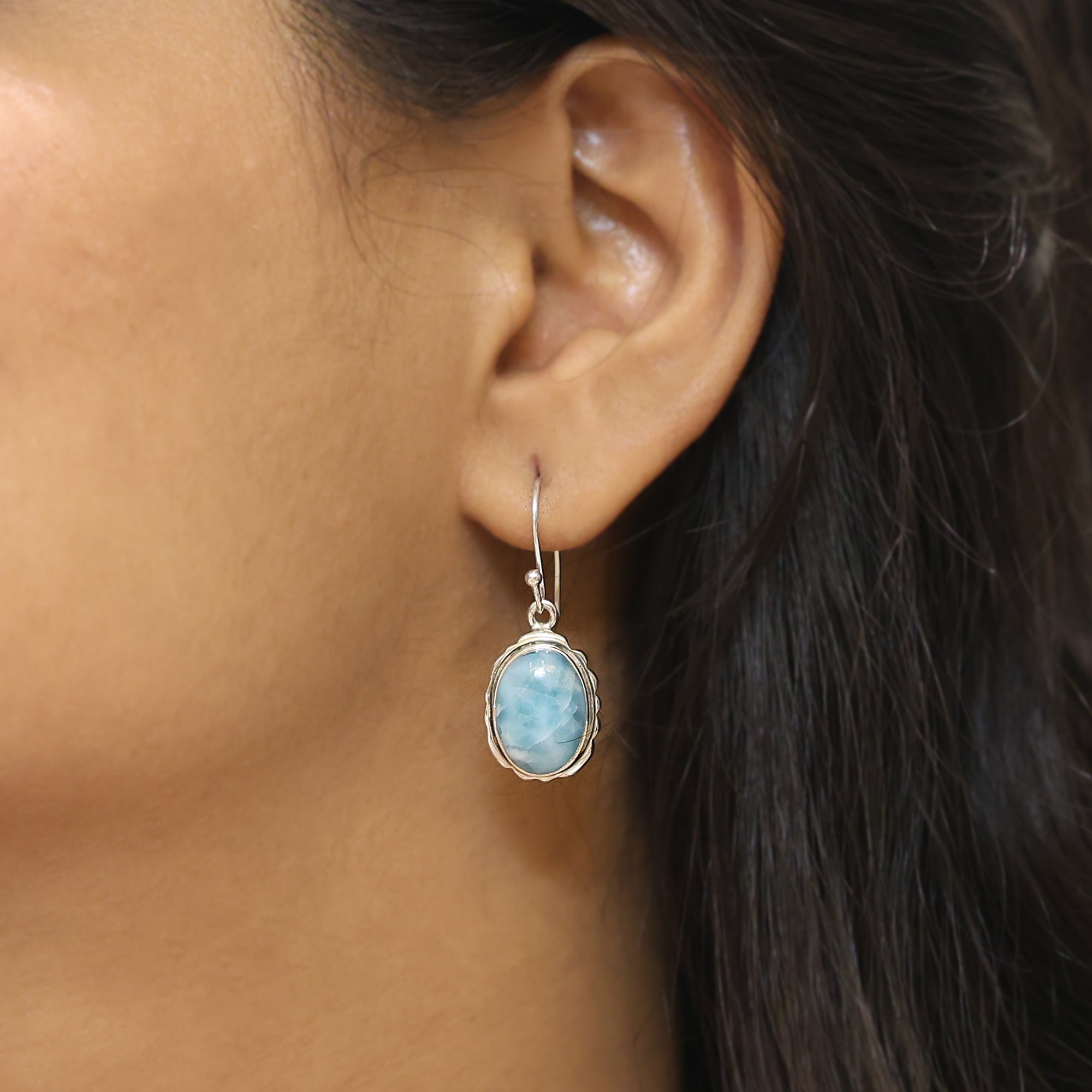 925 Sterling Silver Natural Larimar Dangling Earring