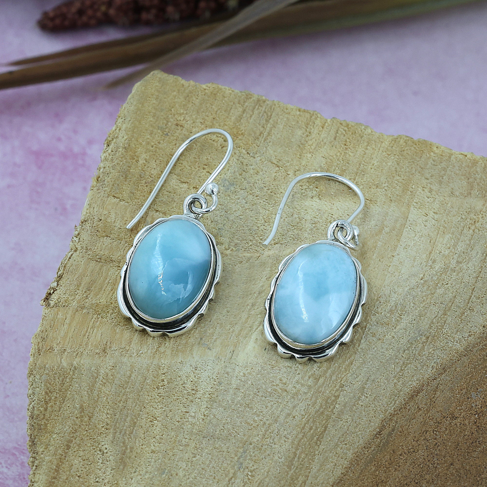 925 Sterling Silver Natural Larimar Dangling Earring