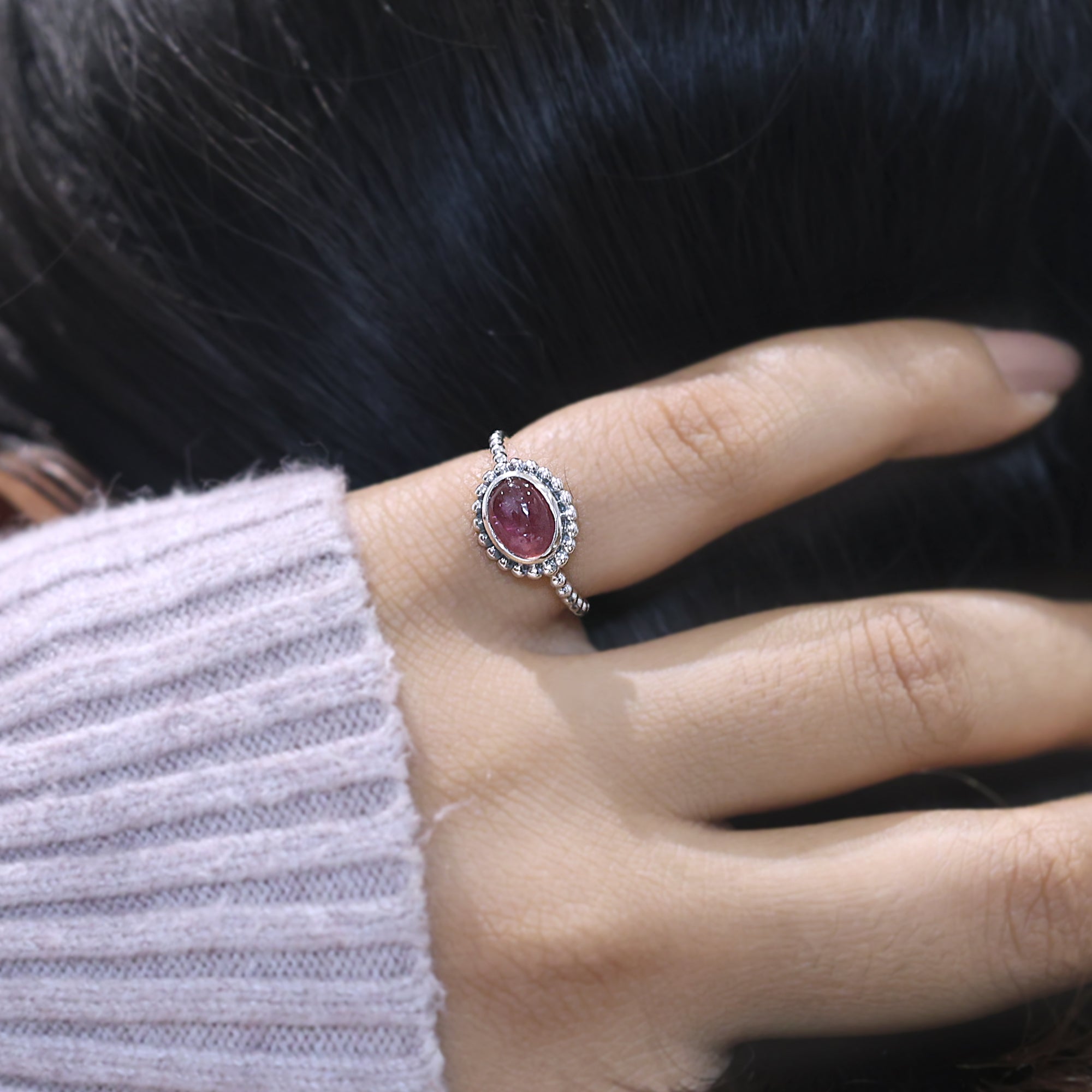 Natural Pink Tourmaline Dotted Band Ring