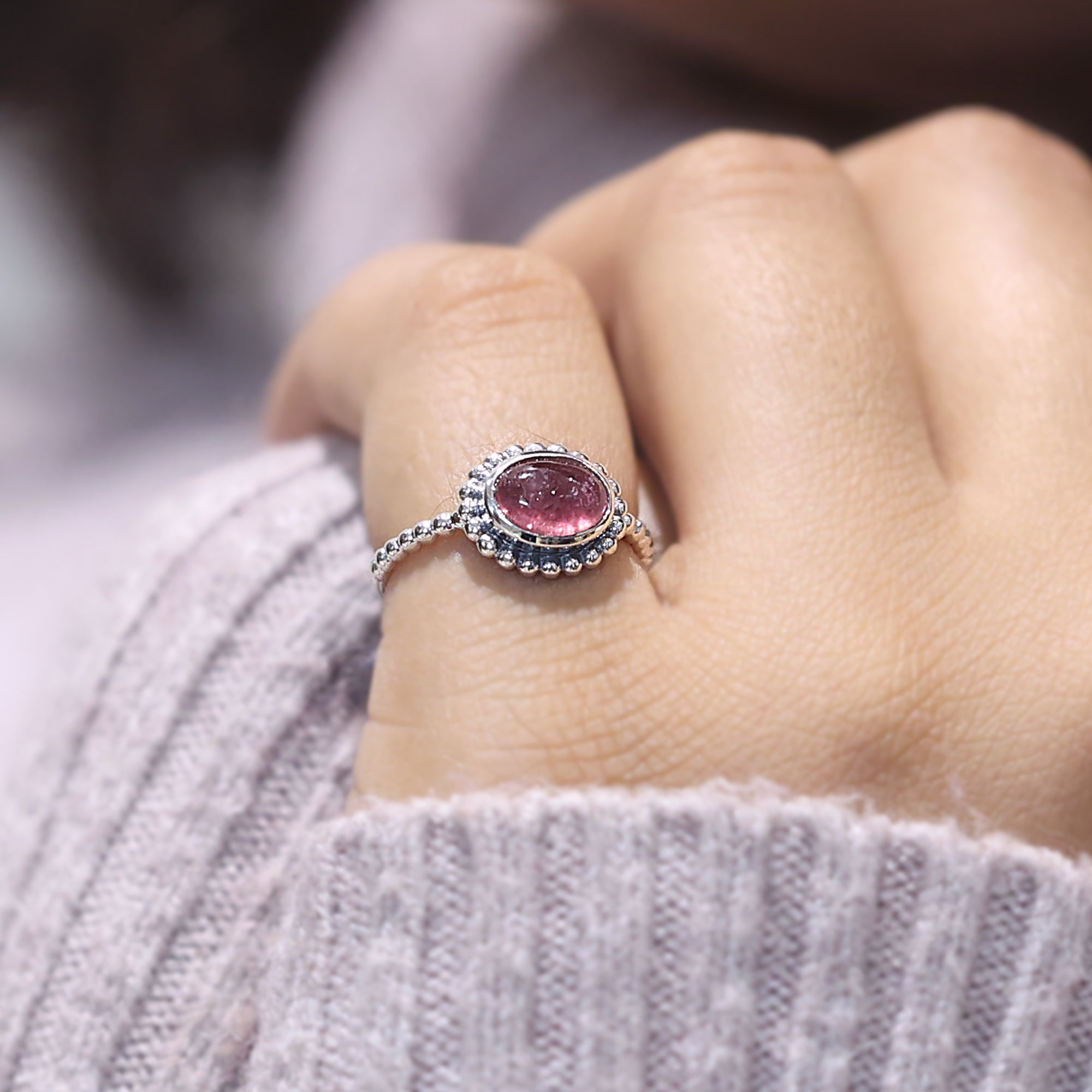 Natural Pink Tourmaline Dotted Band Ring