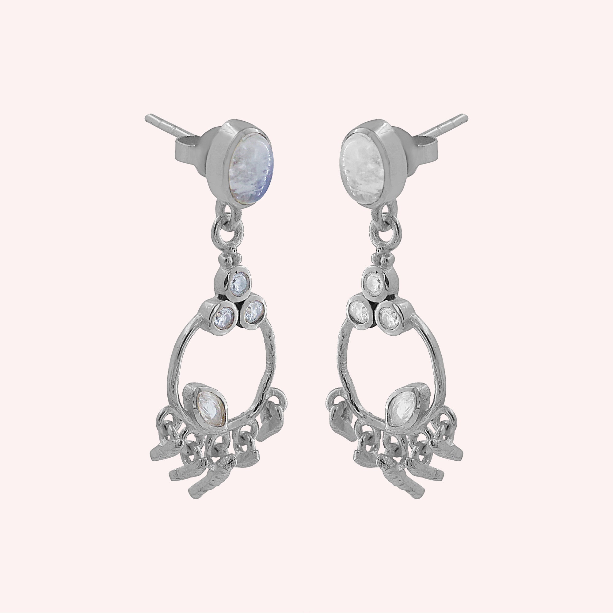 925 Sterling Silver Designer Dangle Earrings with Moonstone & Zircon