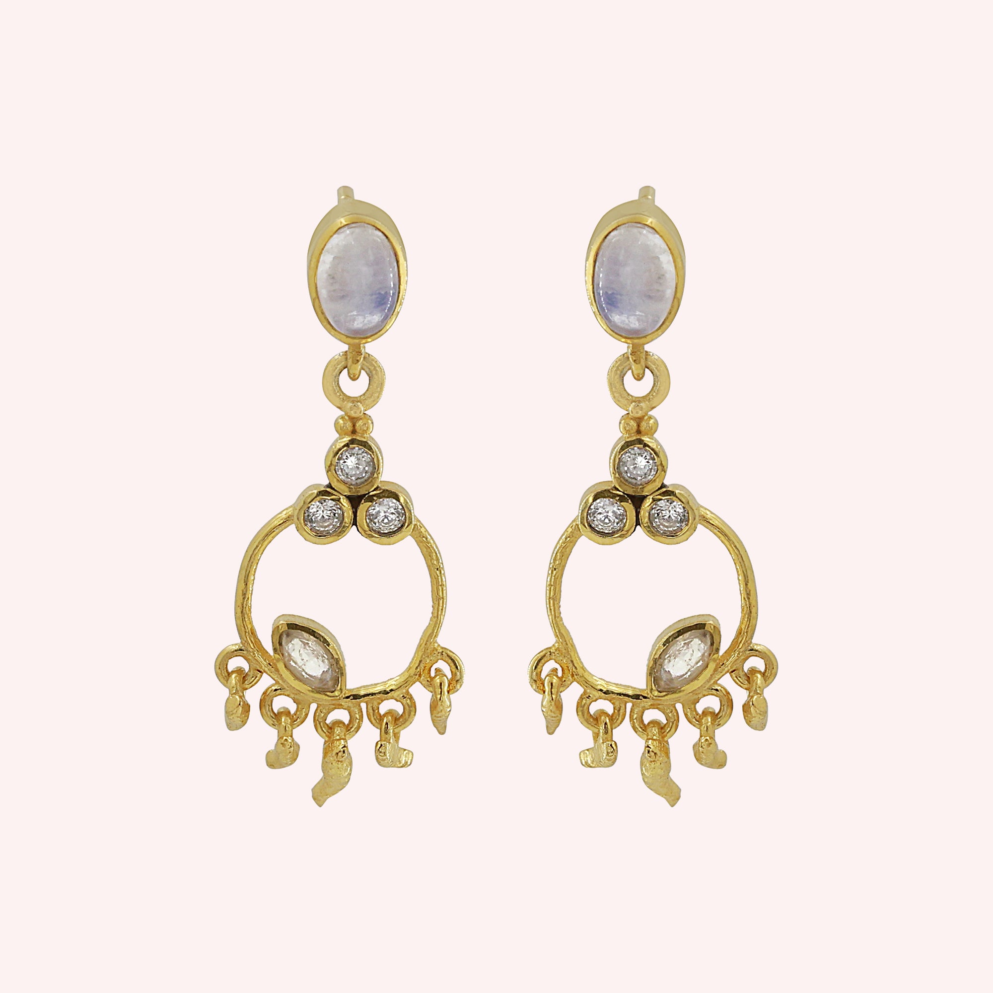 925 Sterling Silver Designer Dangle Earrings with Moonstone & Zircon