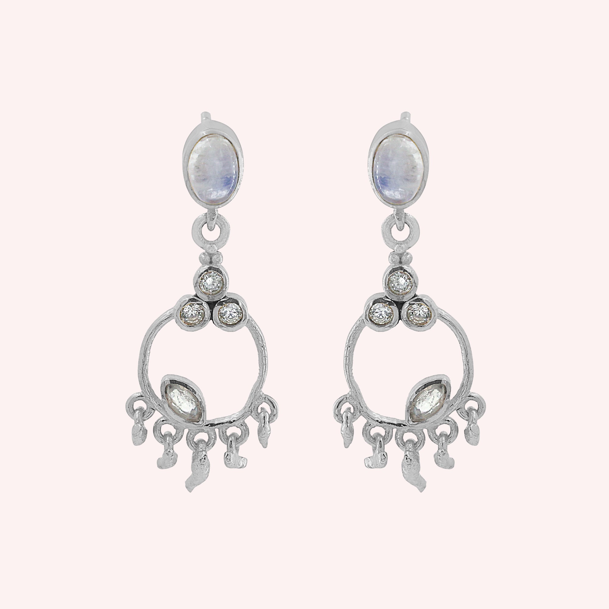 925 Sterling Silver Designer Dangle Earrings with Moonstone & Zircon