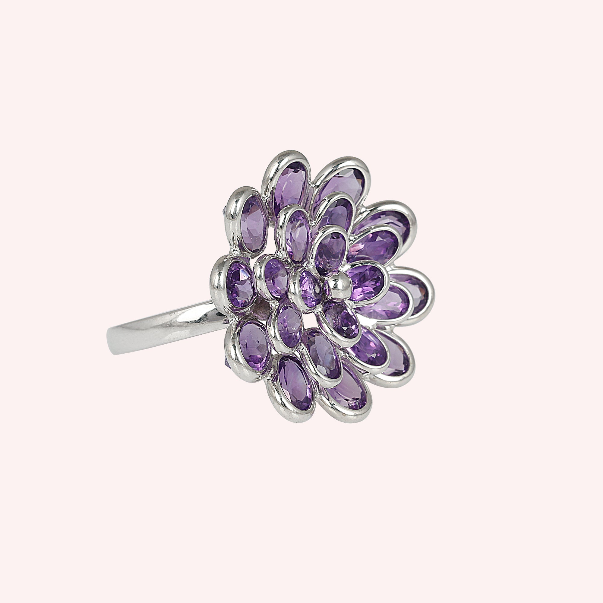 925 Sterling Silver Natural Amethyst Flower Ring Jewelry for Women