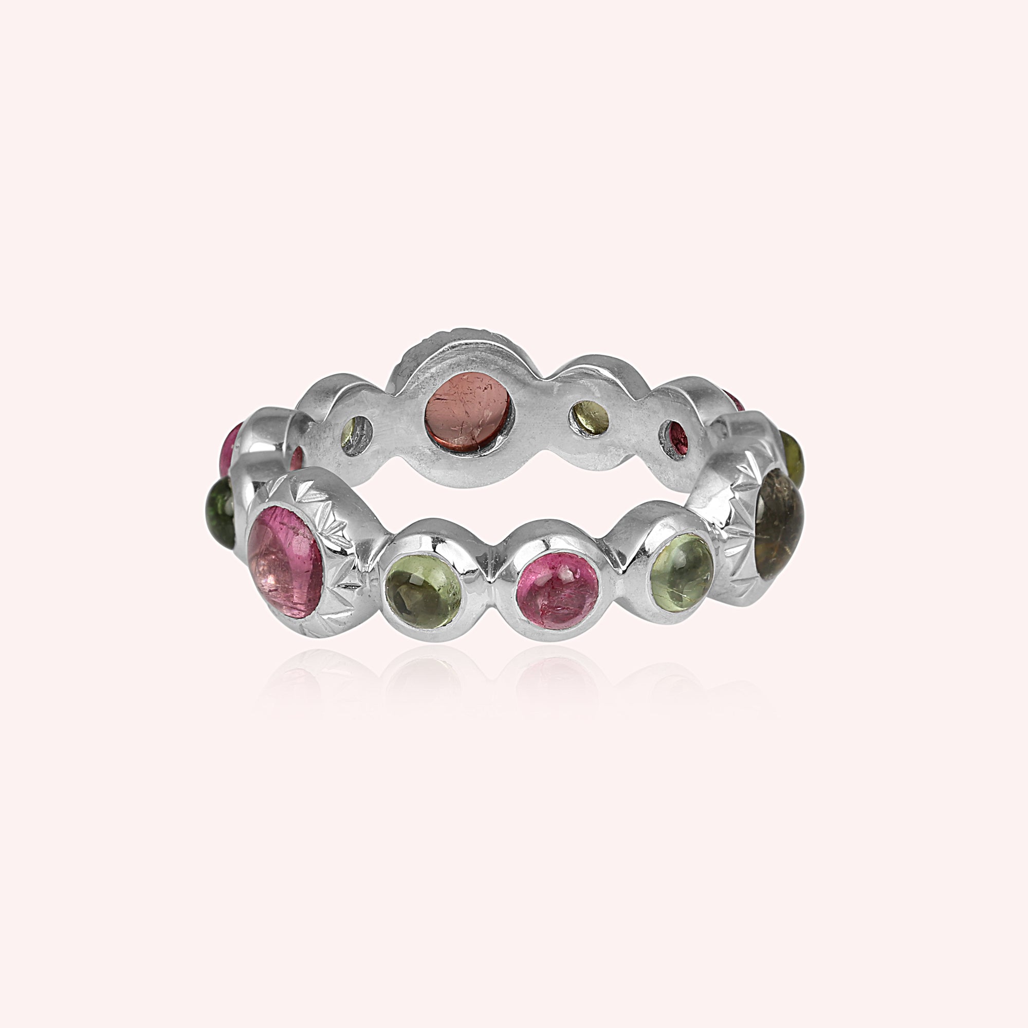 925 Sterling Silver Green and Pink Tourmaline Full Eternity Ring