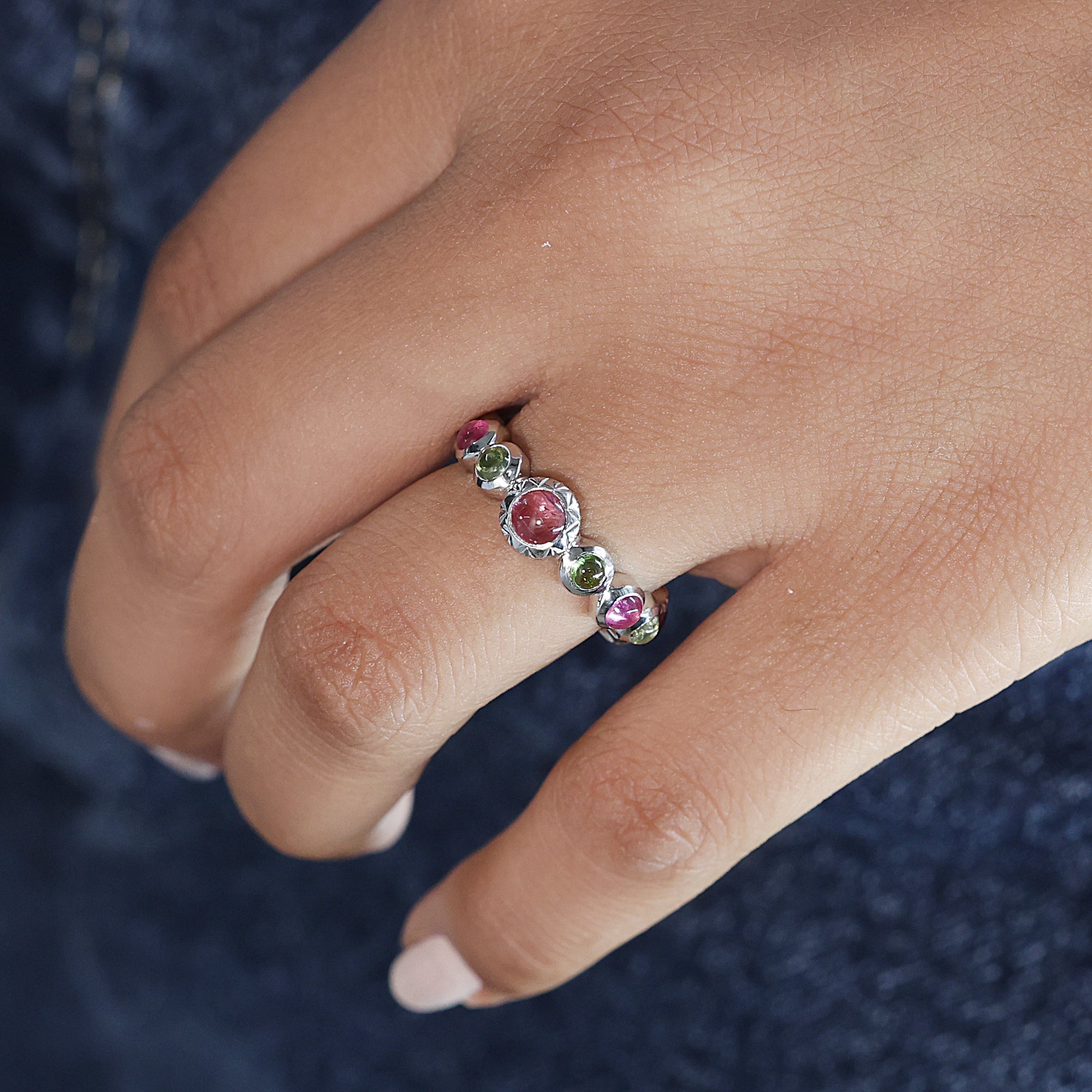 925 Sterling Silver Green and Pink Tourmaline Full Eternity Ring