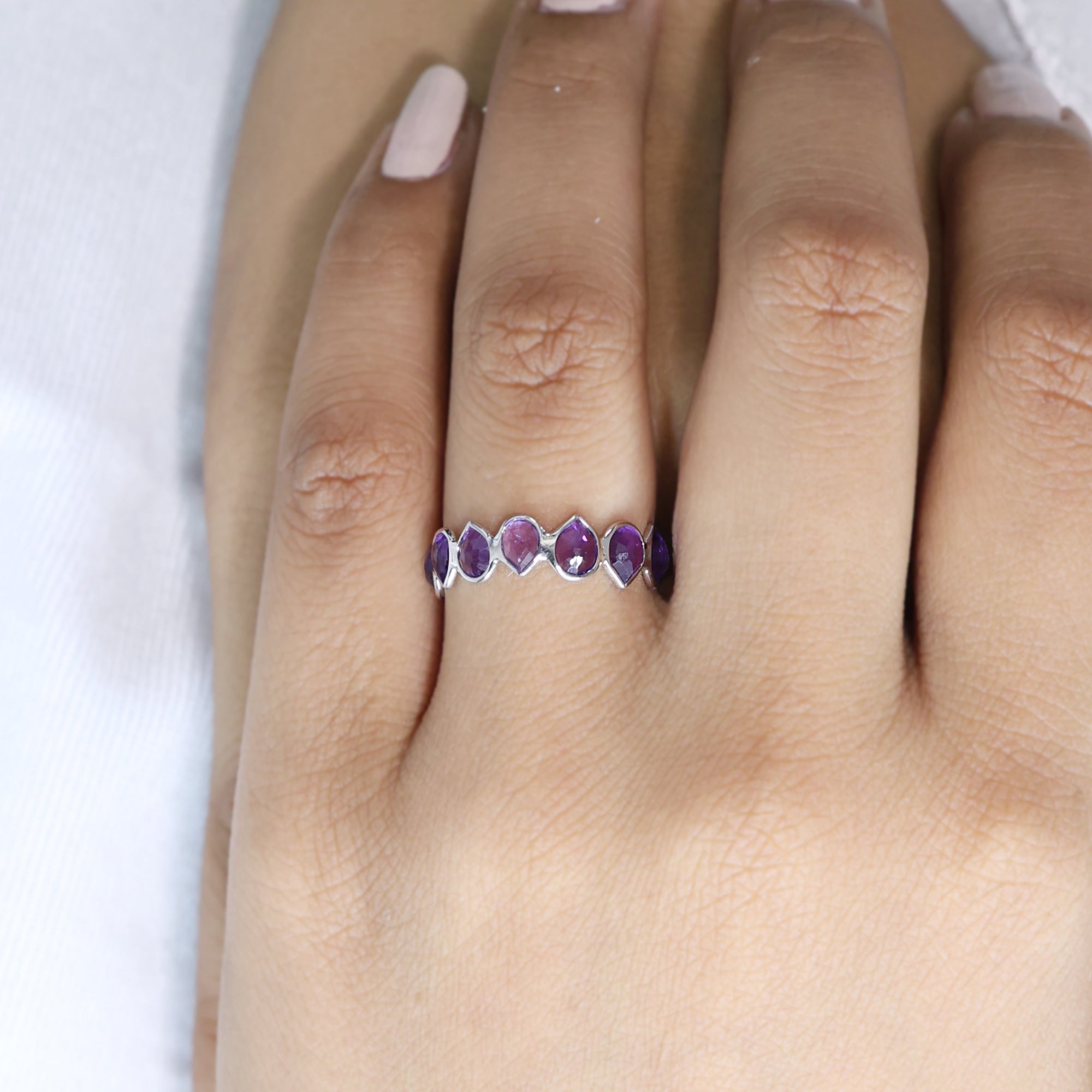 Teardrop Full Eternity Amethyst Stacking Silver Band Ring