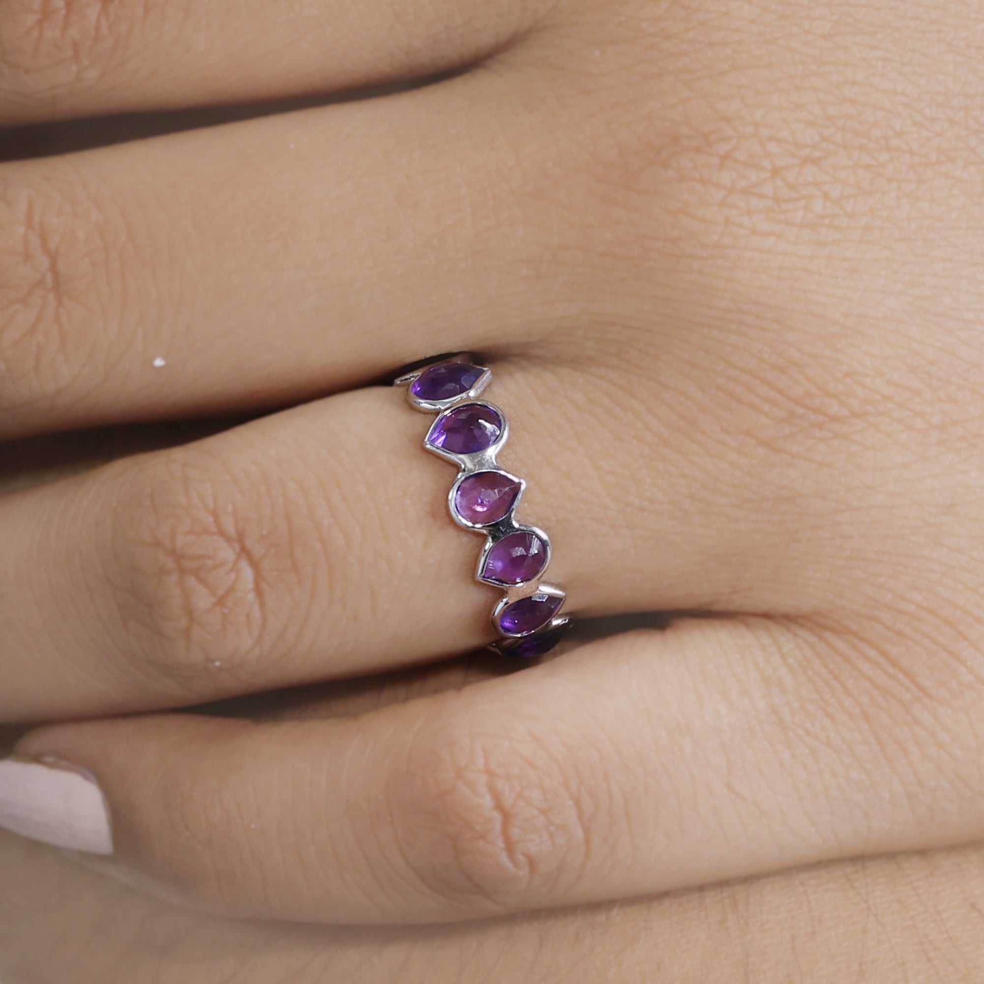 Teardrop Full Eternity Amethyst Stacking Silver Band Ring